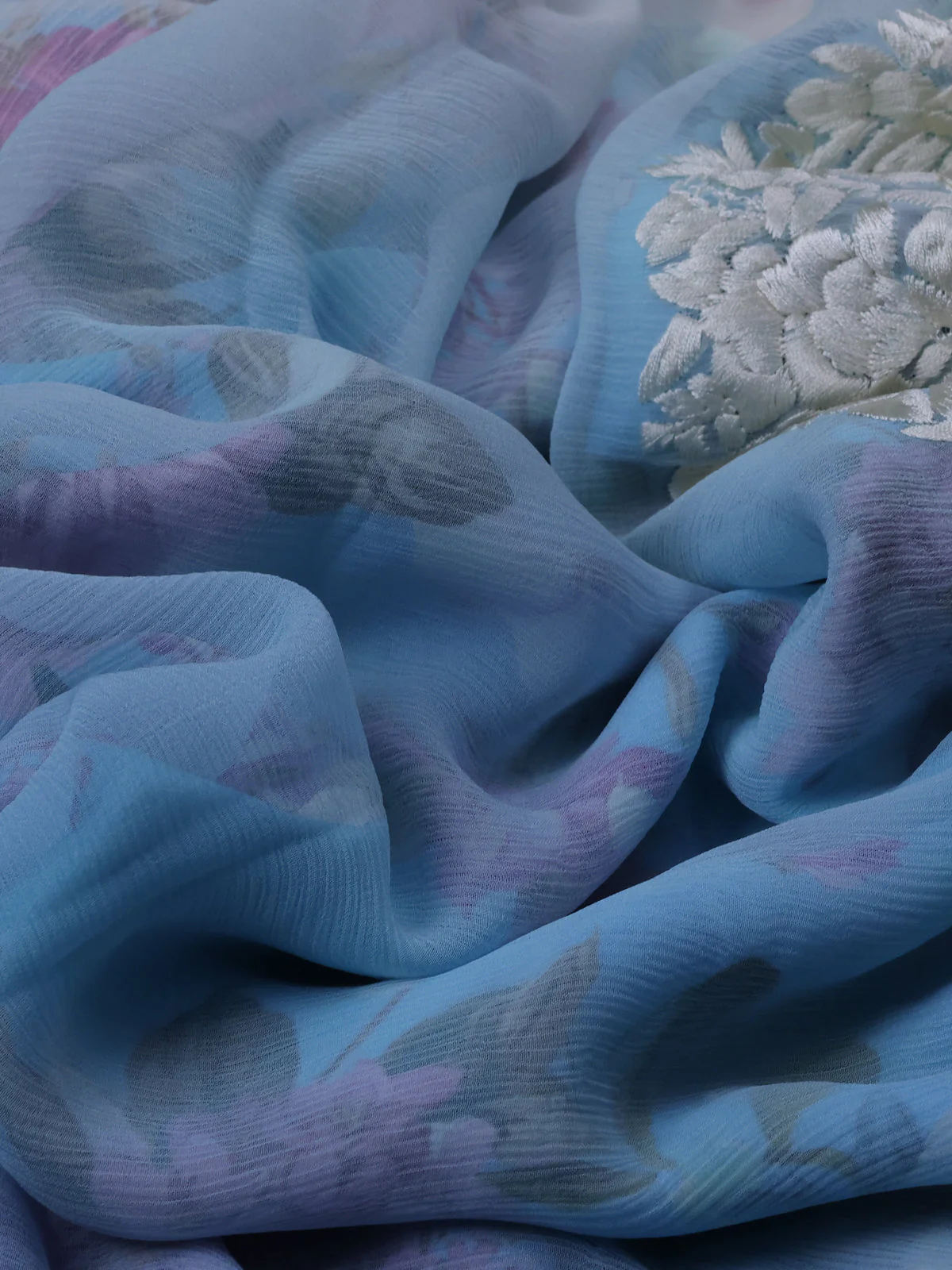 Aqua Blue And Off White Chiffon Saree Parsi Embroidery - Image 3
