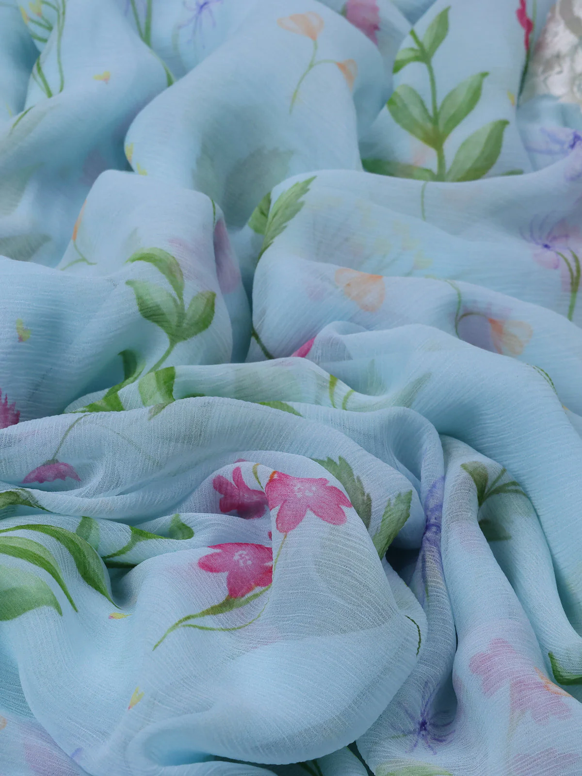 Aqua Blue Chiffon Saree Parsi Embroidery - Image 3