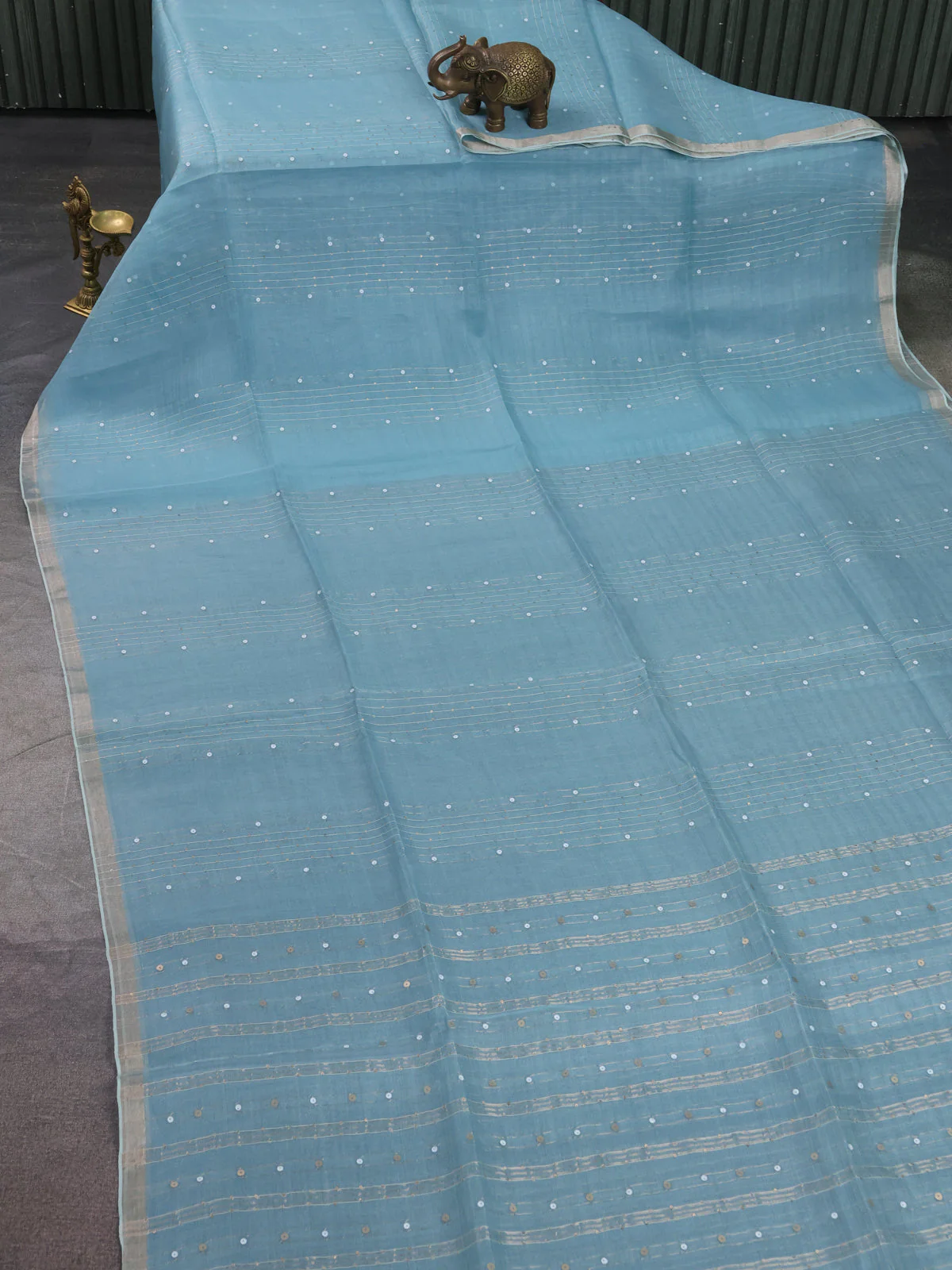 Aqua Blue Muslin Organza Saree - Image 2
