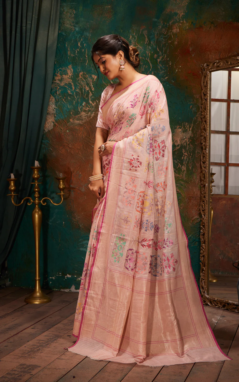 Baby Pink Real Zari Banarasi Cotton Saree With Jamdani Weaves - Image 3