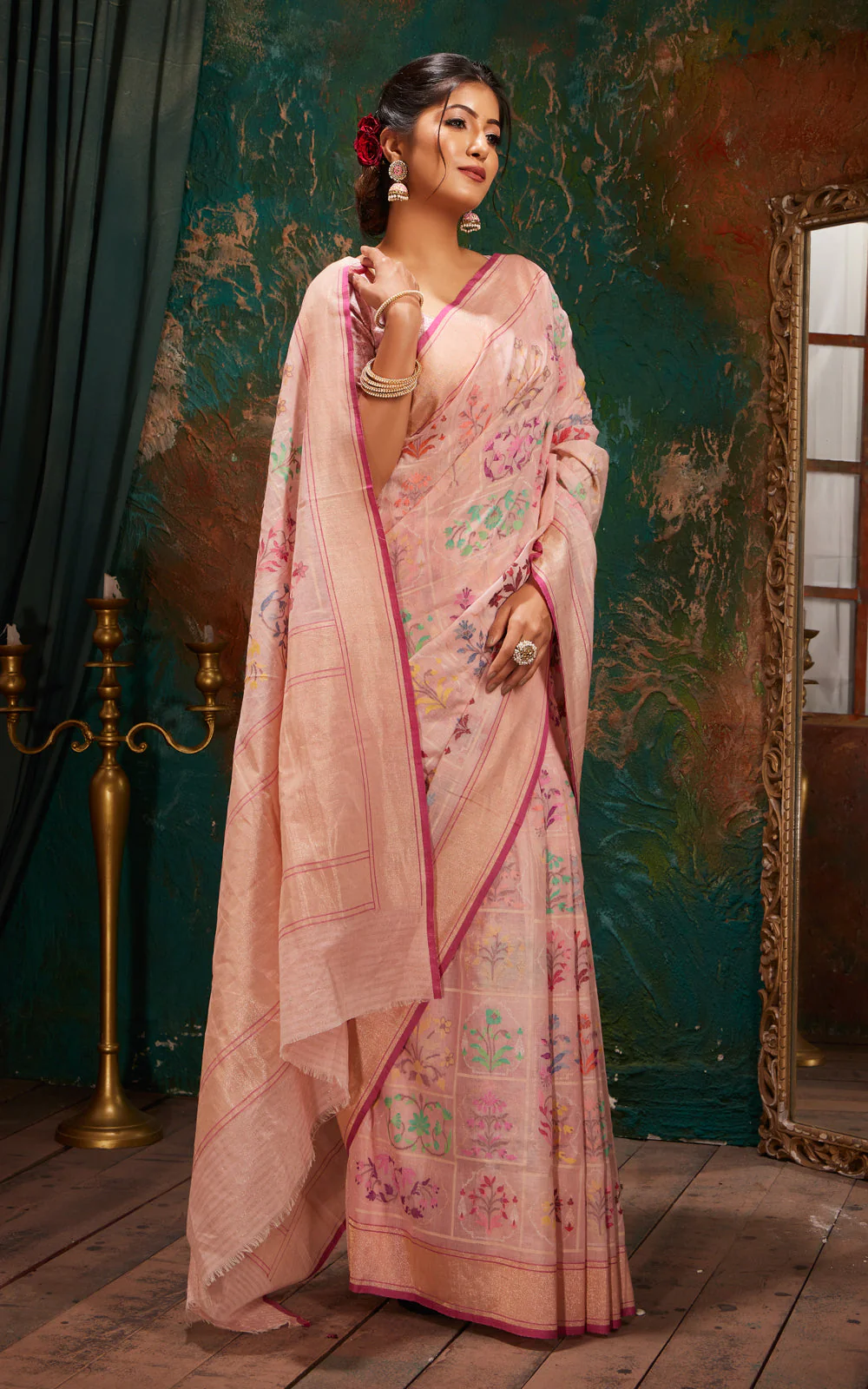 Baby Pink Real Zari Banarasi Cotton Saree With Jamdani Weaves - Image 4
