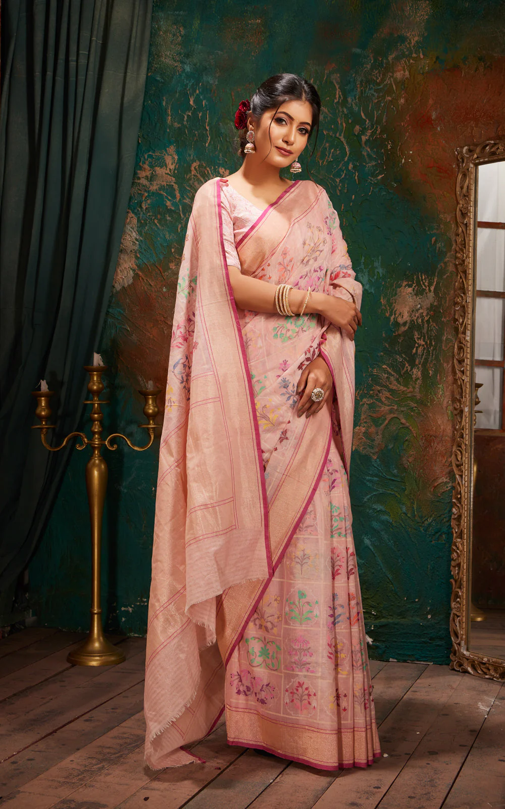 Baby Pink Real Zari Banarasi Cotton Saree With Jamdani Weaves - Image 5