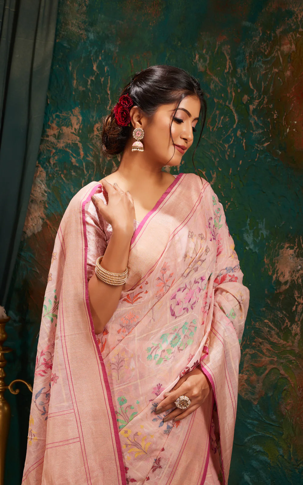 Baby Pink Real Zari Banarasi Cotton Saree With Jamdani Weaves - Image 6