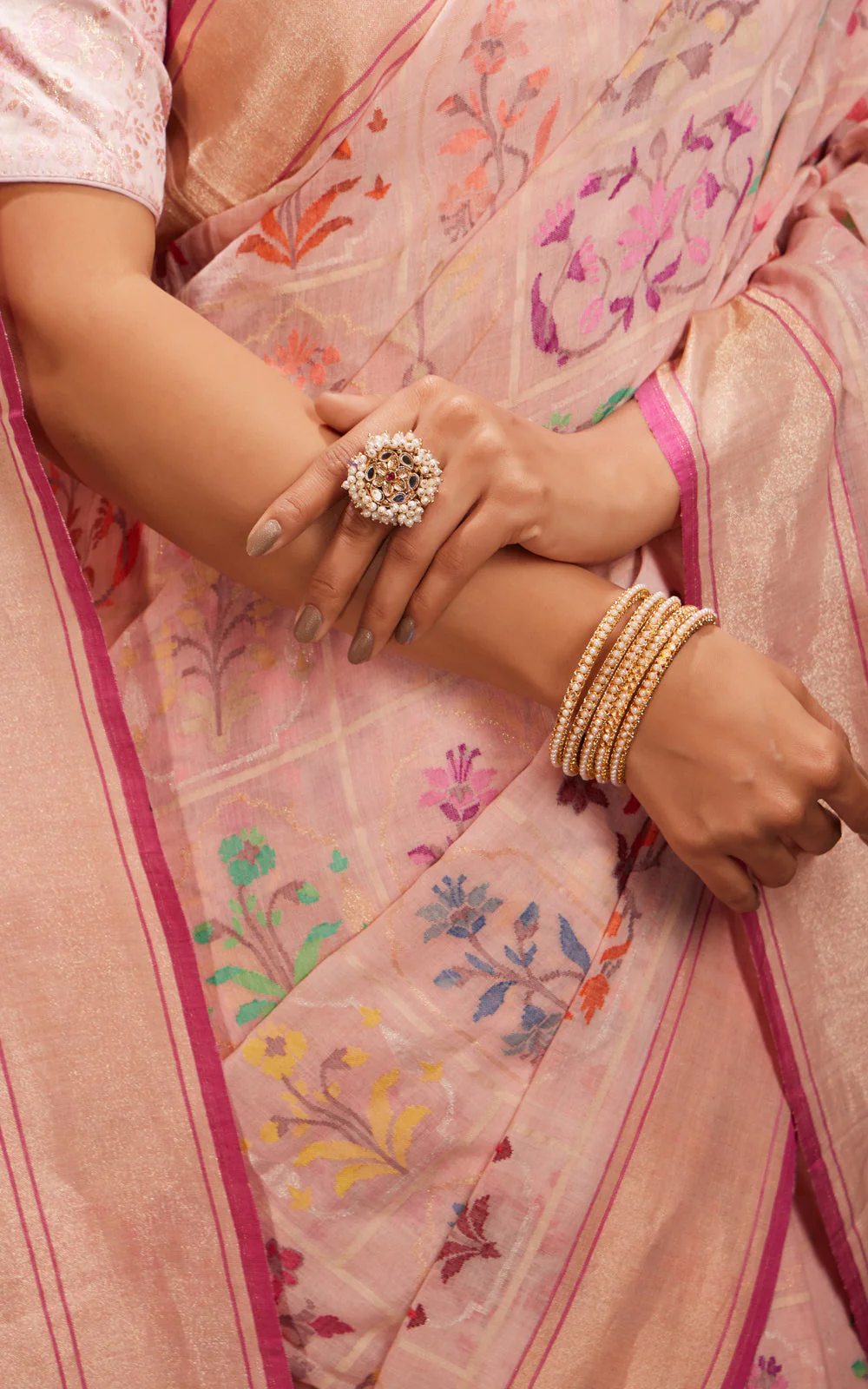 Baby Pink Real Zari Banarasi Cotton Saree With Jamdani Weaves - Image 7