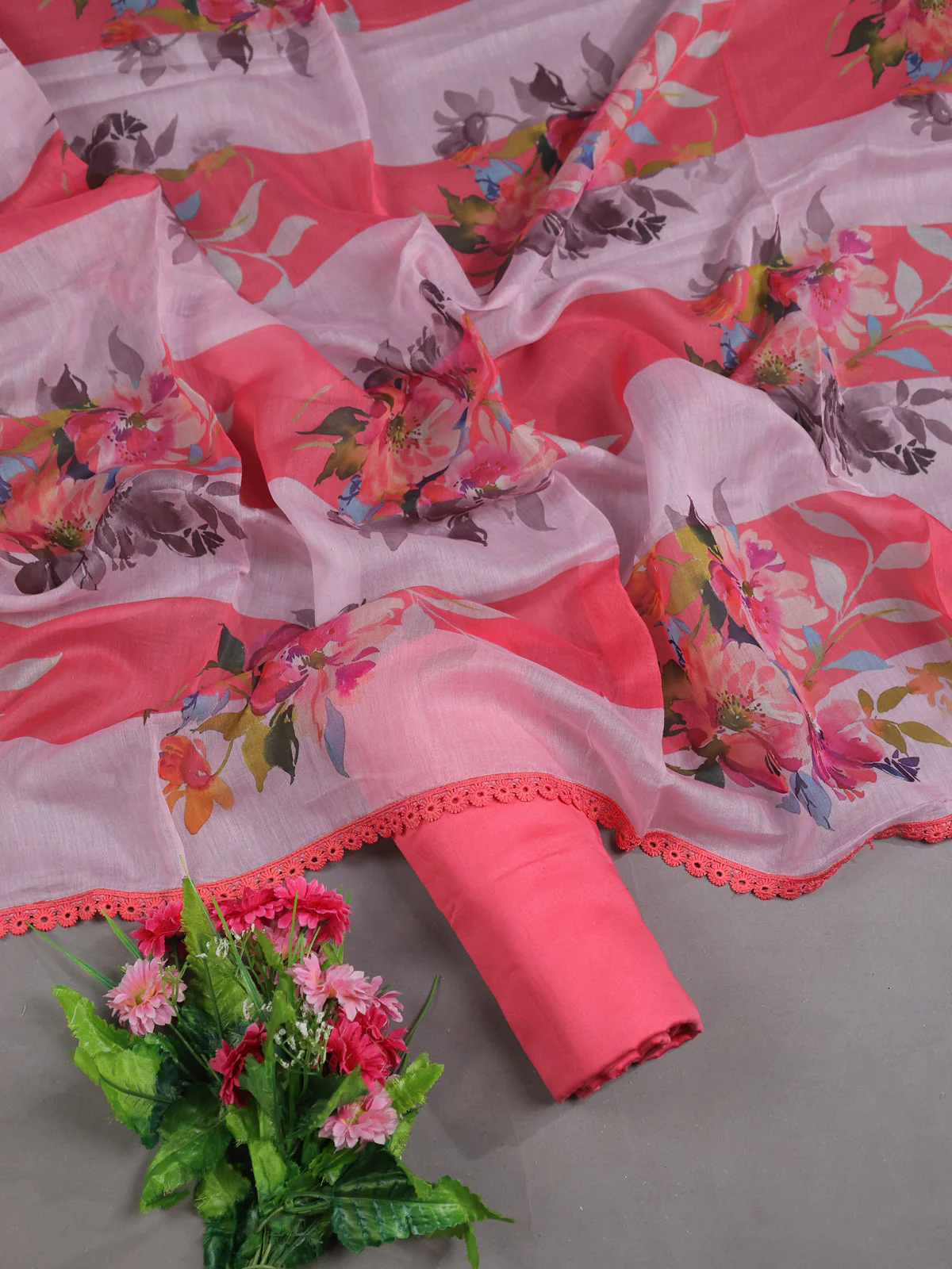 Baby Pink - Dark Peach Mul Chanderi Unstitched Suit - Image 2