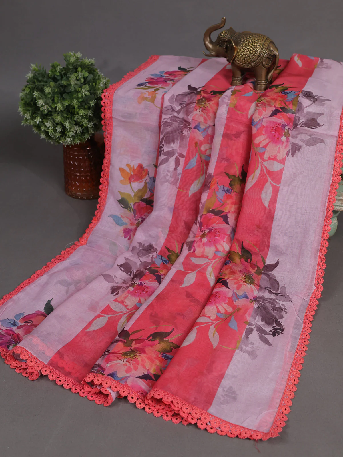 Baby Pink - Dark Peach Mul Chanderi Unstitched Suit - Image 3