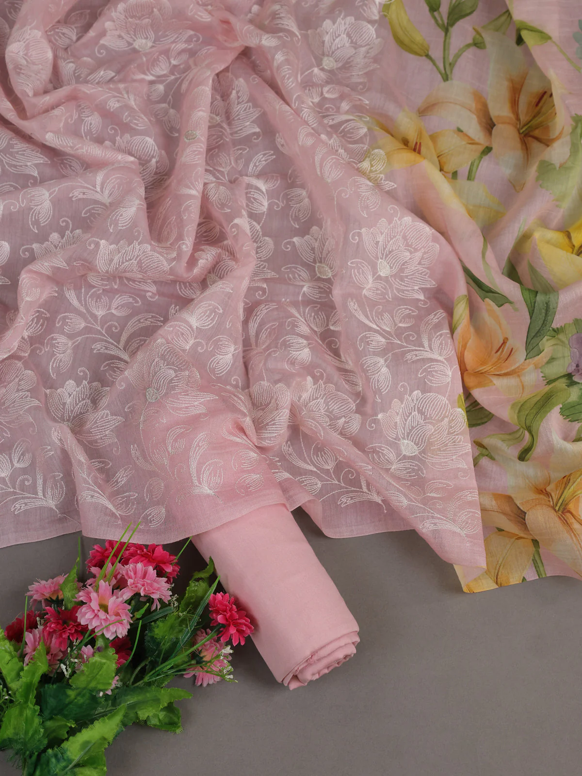 Baby Pink Mul Chanderi Unstitched Suit - Image 2