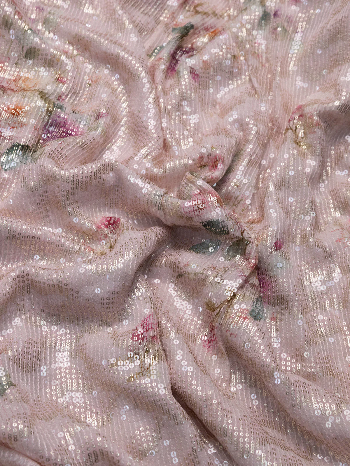 Baby Pink Pure Georgette Saree With Allover Sequin & Beaded Work And Floral Prints - Image 3