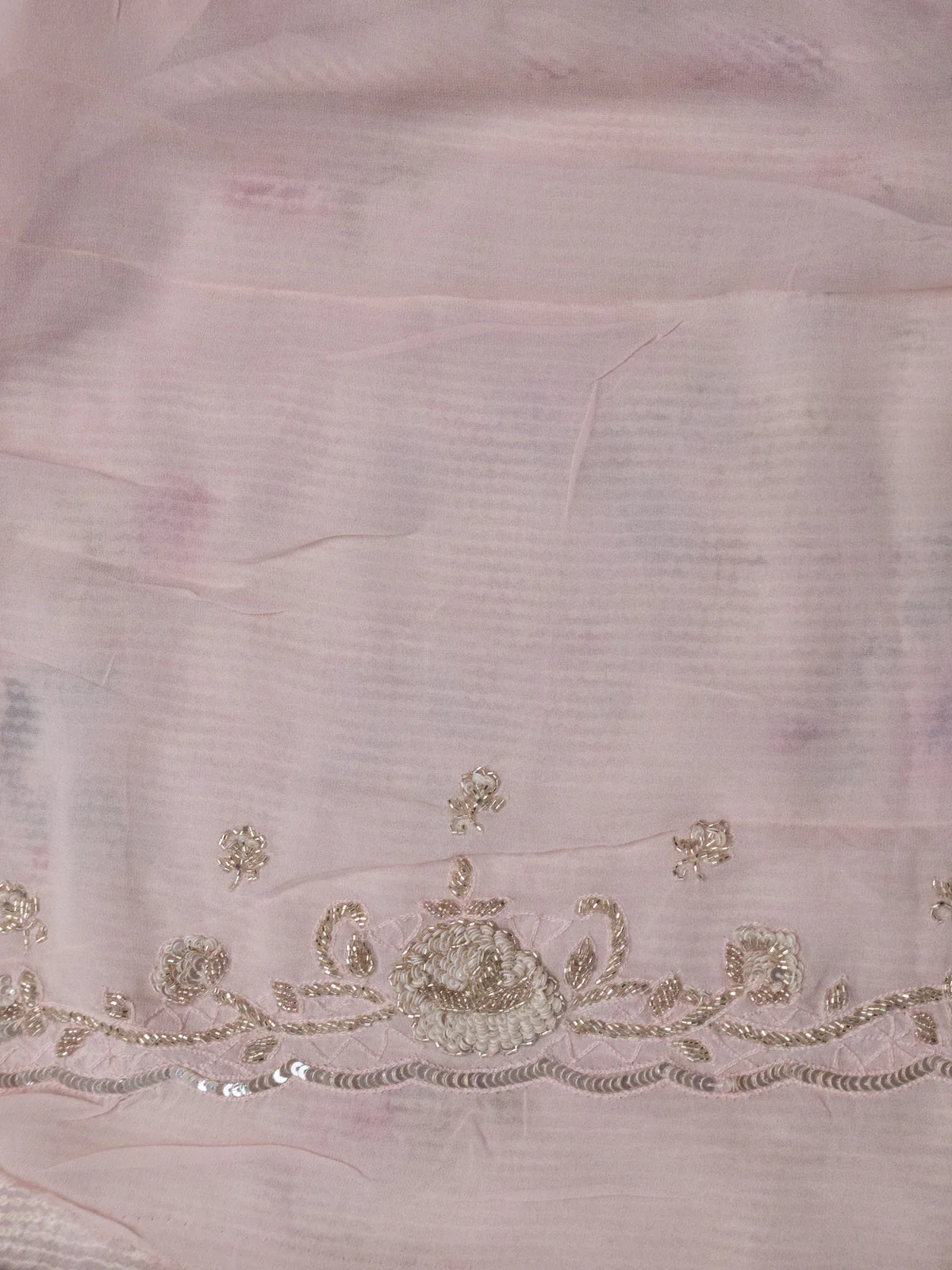 Baby Pink Pure Georgette Saree With Allover Sequin & Beaded Work And Floral Prints - Image 6