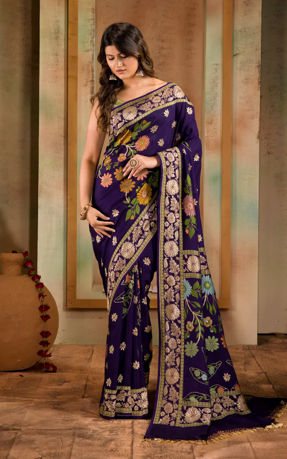 Violet Banarasi Crepe With Kadhua Weaves - Image 3