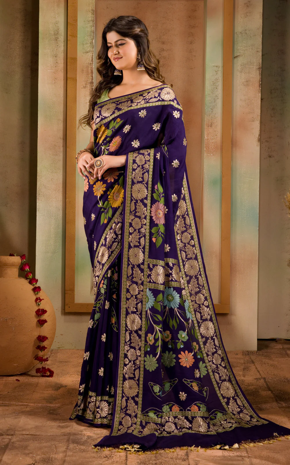 Violet Banarasi Crepe With Kadhua Weaves - Image 5