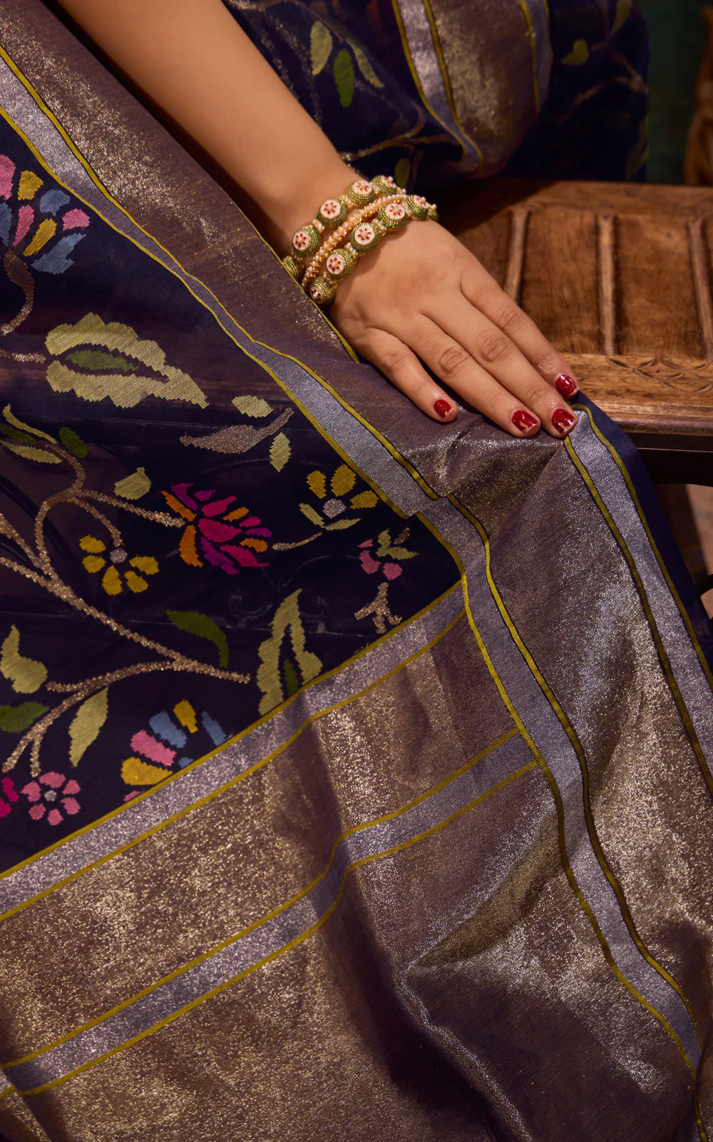 Navy Blue Real Zari Banarasi Kora Saree With Jandani Weaves - Image 3