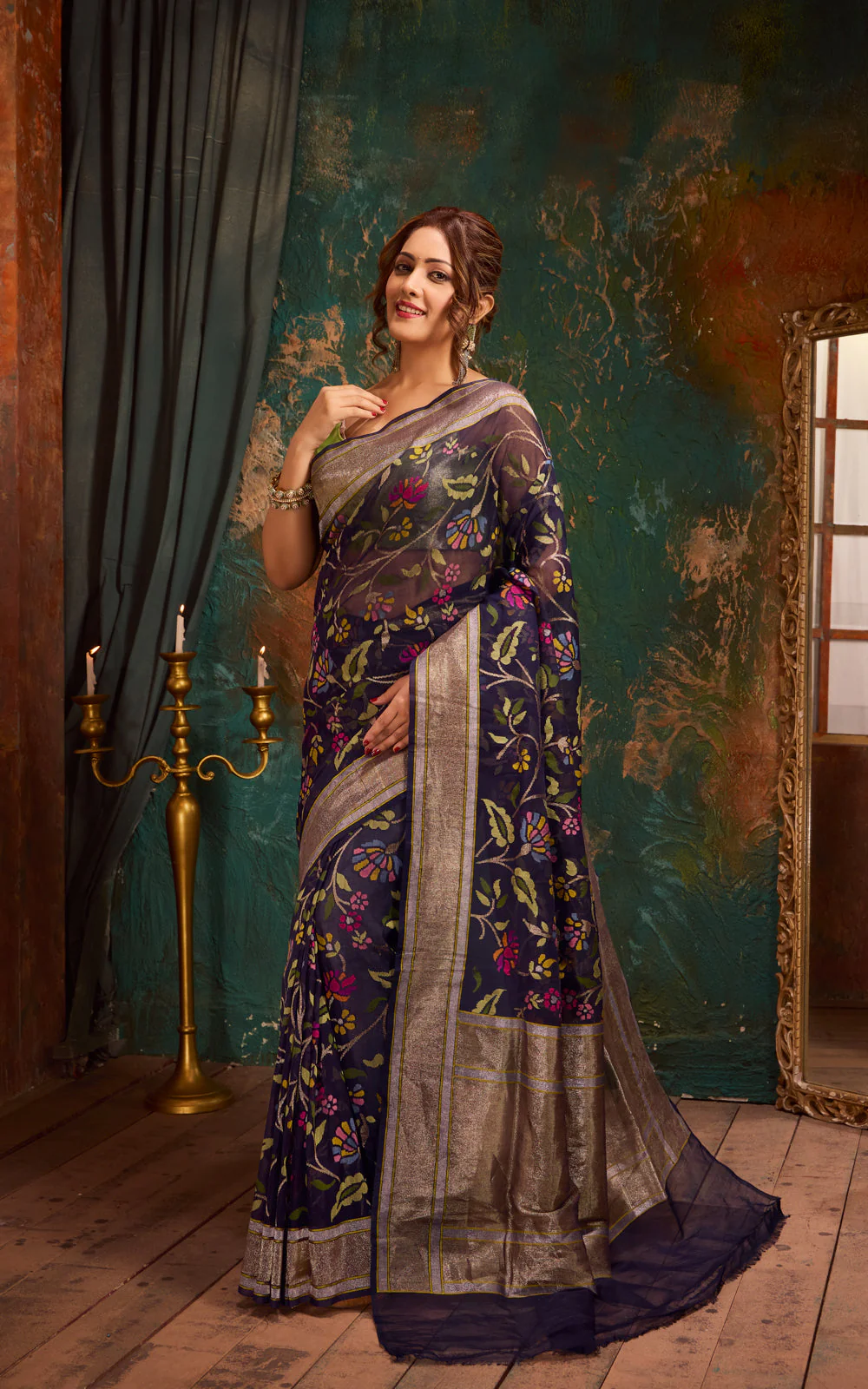 Navy Blue Real Zari Banarasi Kora Saree With Jandani Weaves - Image 4