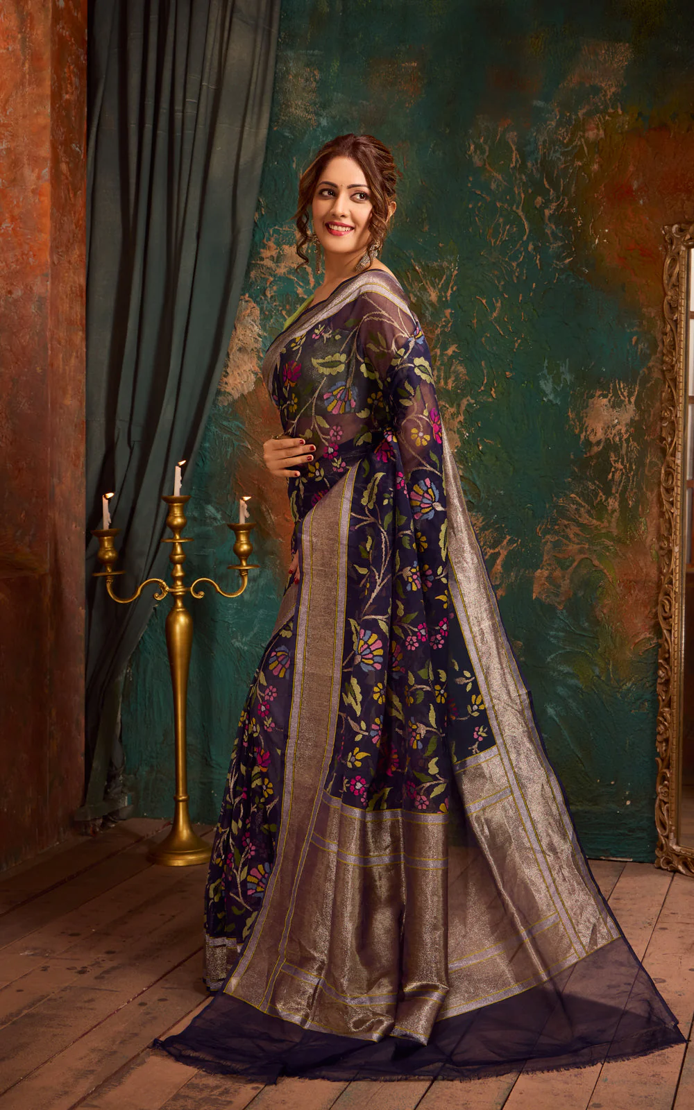 Navy Blue Real Zari Banarasi Kora Saree With Jandani Weaves - Image 5
