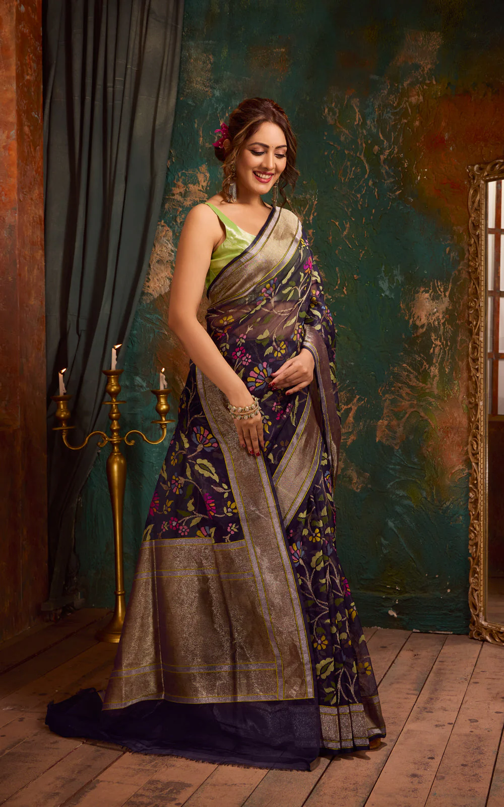 Navy Blue Real Zari Banarasi Kora Saree With Jandani Weaves - Image 6