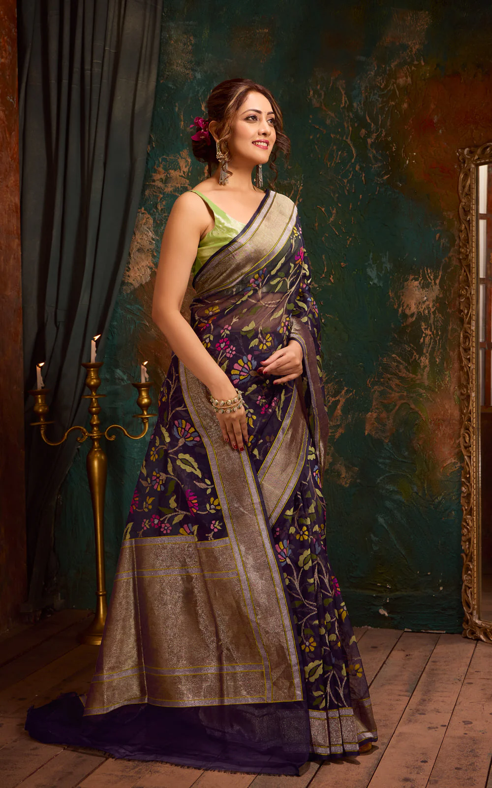 Navy Blue Real Zari Banarasi Kora Saree With Jandani Weaves - Image 7