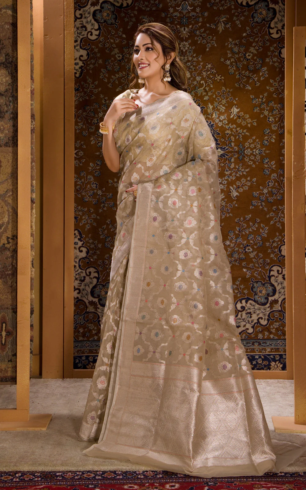Beige Banarasi Kora Saree With Silver Zari Weaves - Image 6