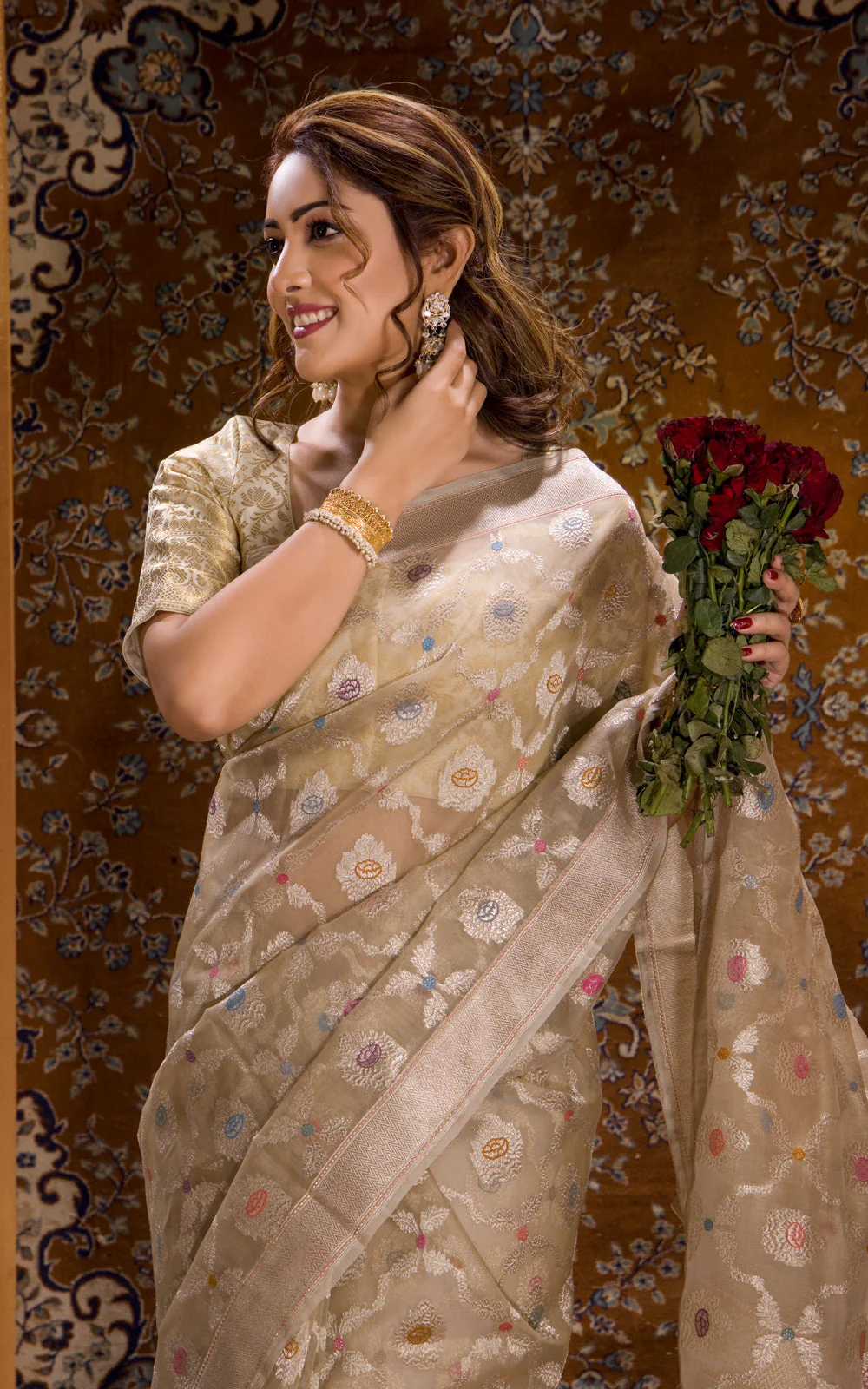 Beige Banarasi Kora Saree With Silver Zari Weaves - Image 7