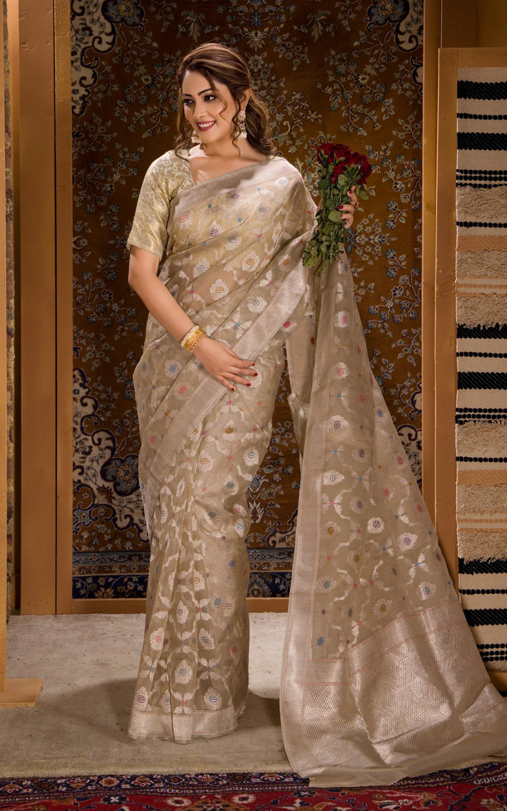 Beige Banarasi Kora Saree With Silver Zari Weaves - Image 8