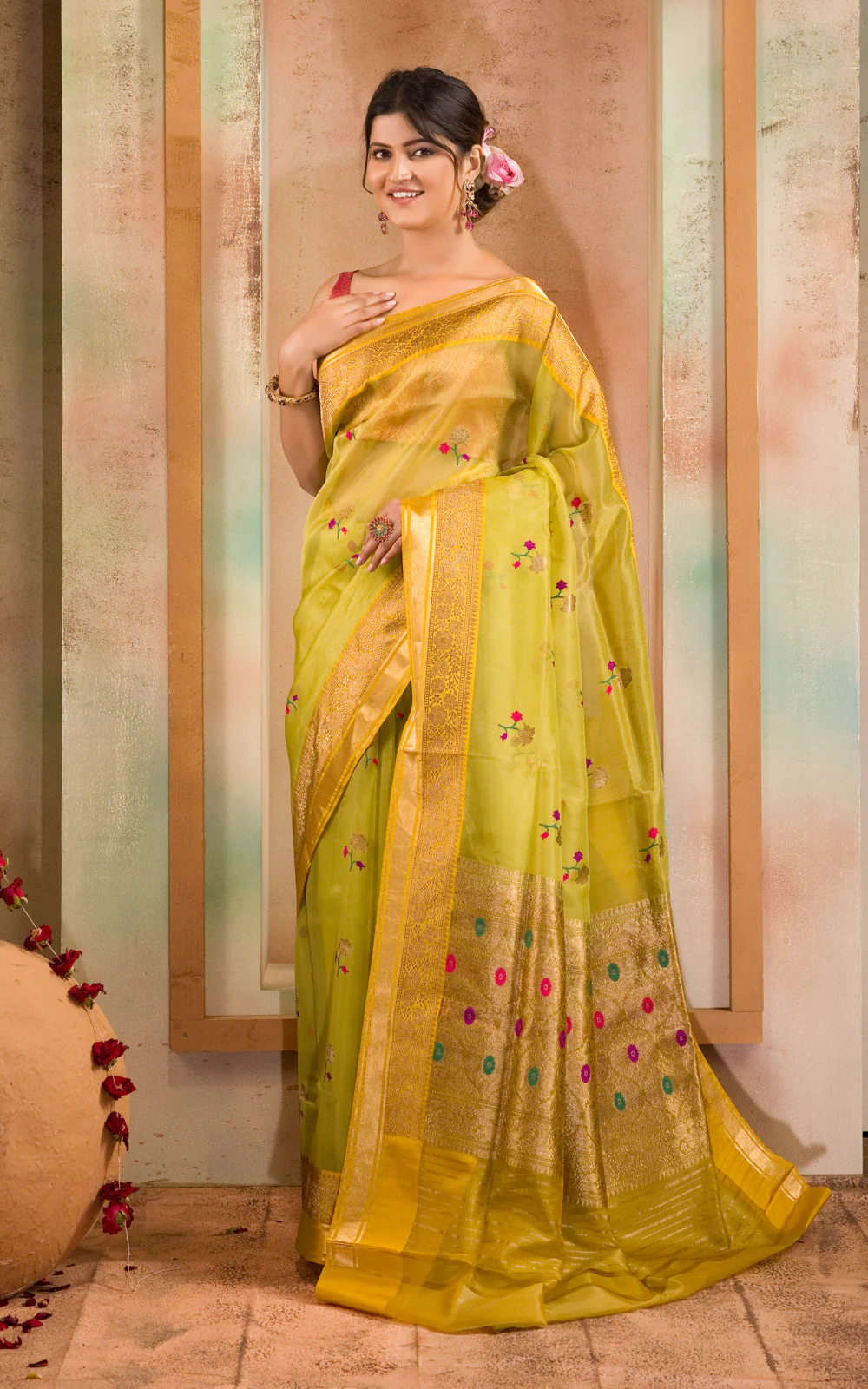 Light Green & Yellow Banarasi Kora Saree With Floral Motif - Image 3
