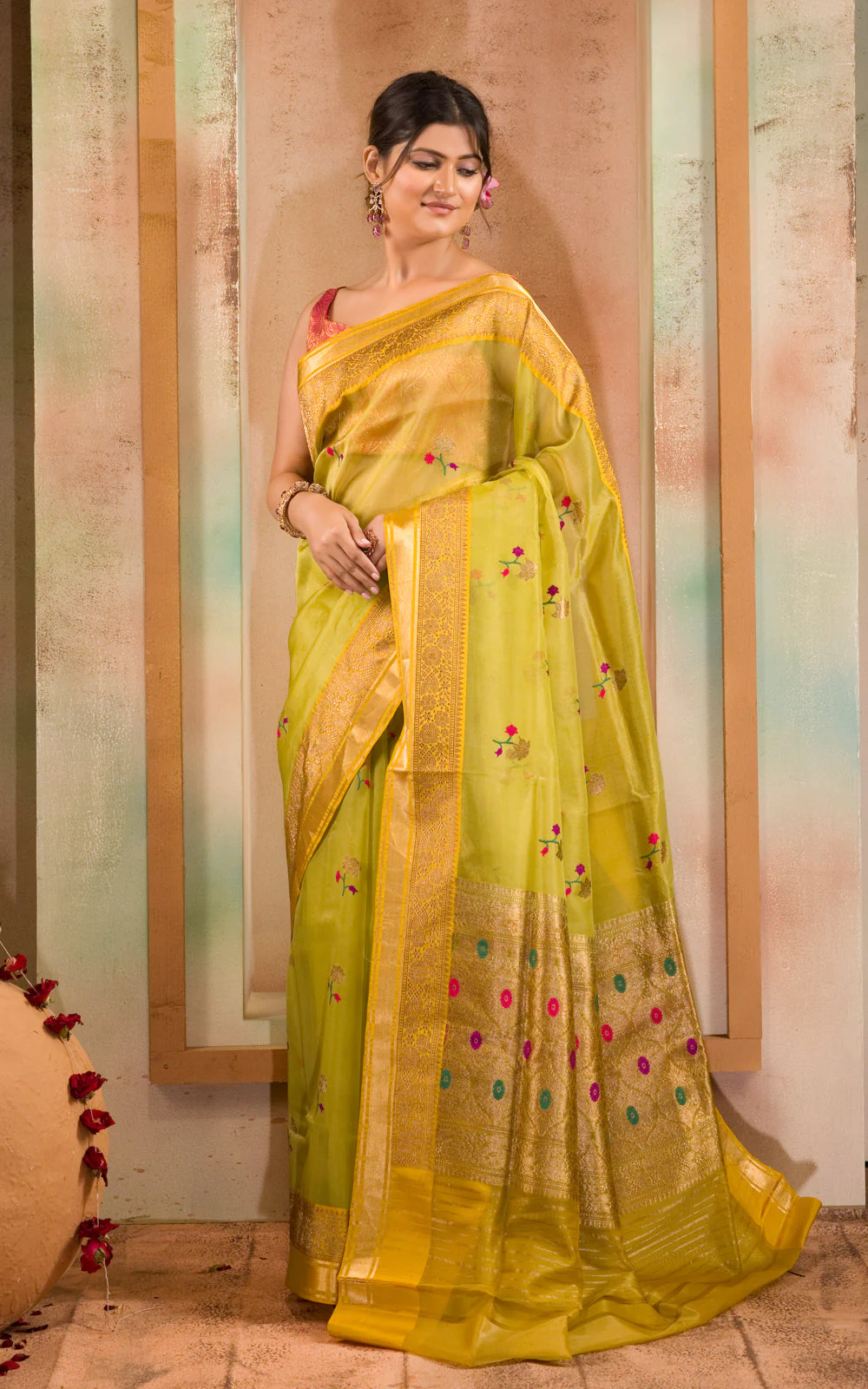 Light Green & Yellow Banarasi Kora Saree With Floral Motif - Image 4