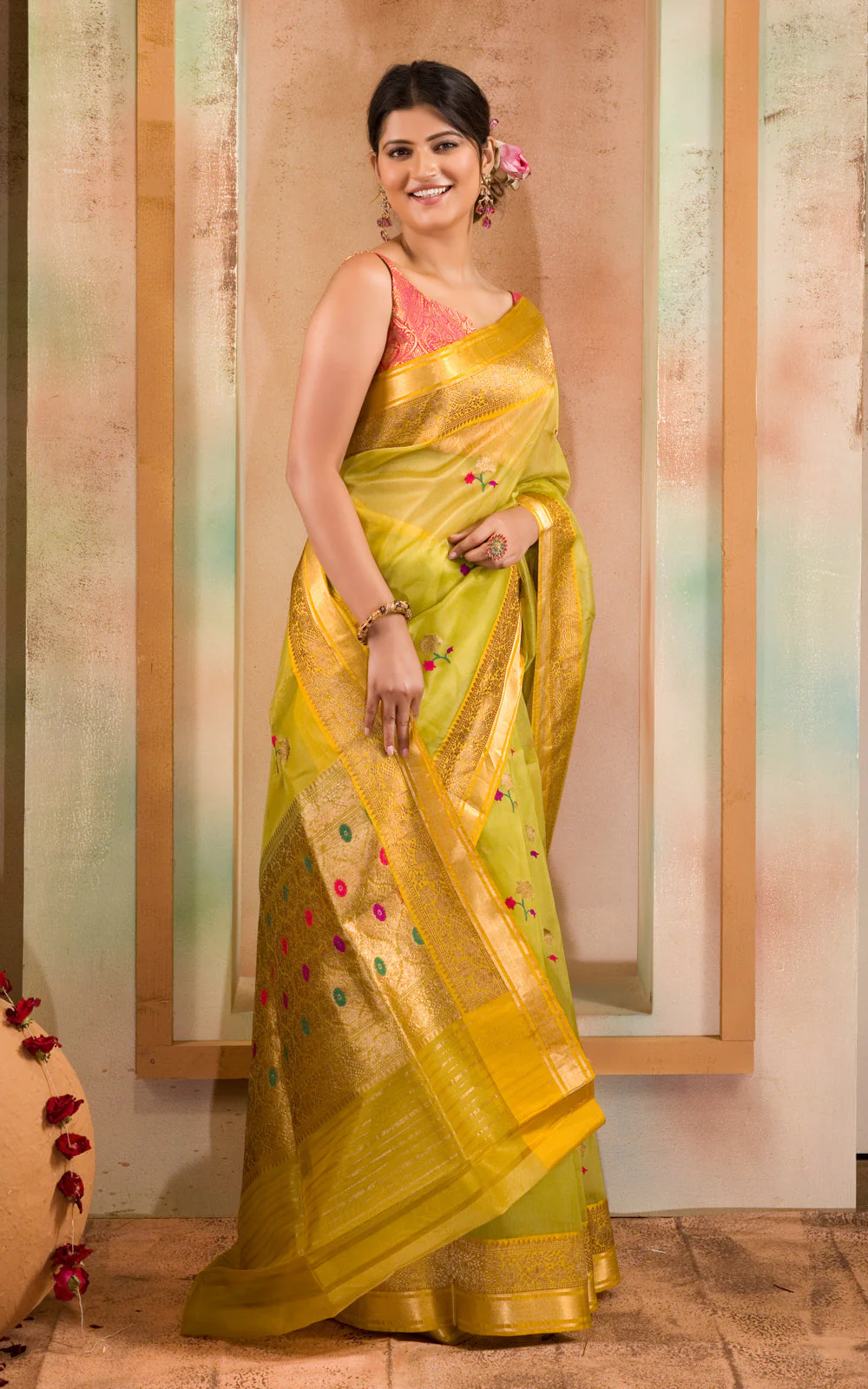 Light Green & Yellow Banarasi Kora Saree With Floral Motif - Image 5