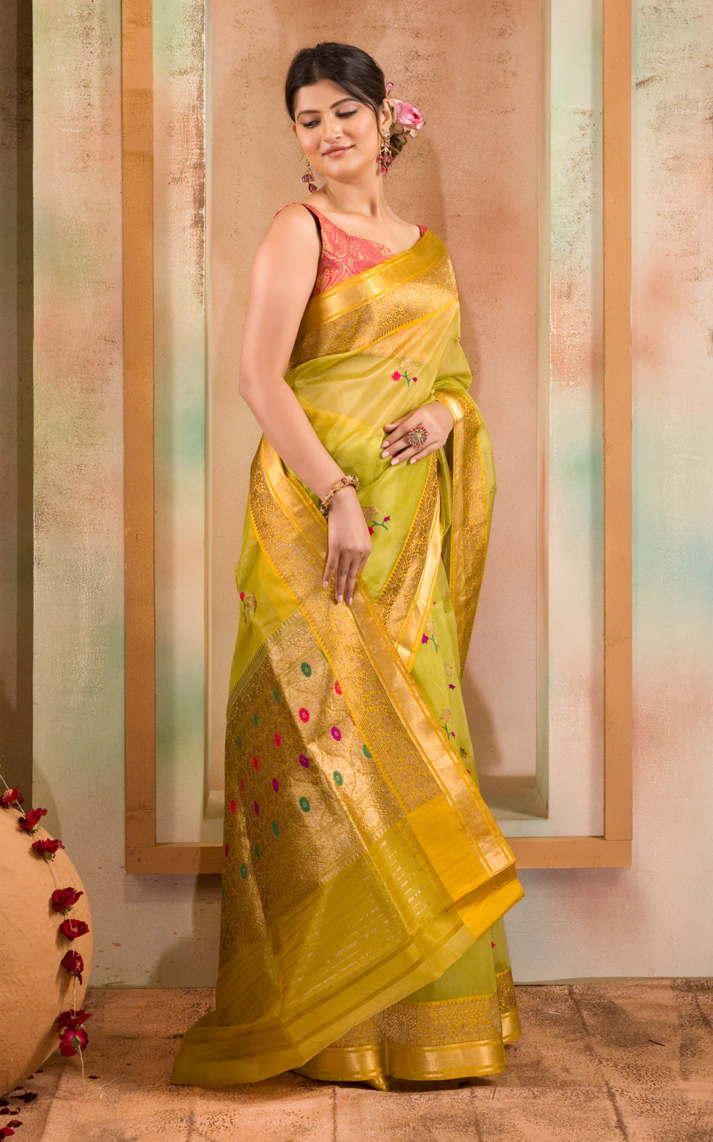 Light Green & Yellow Banarasi Kora Saree With Floral Motif - Image 6