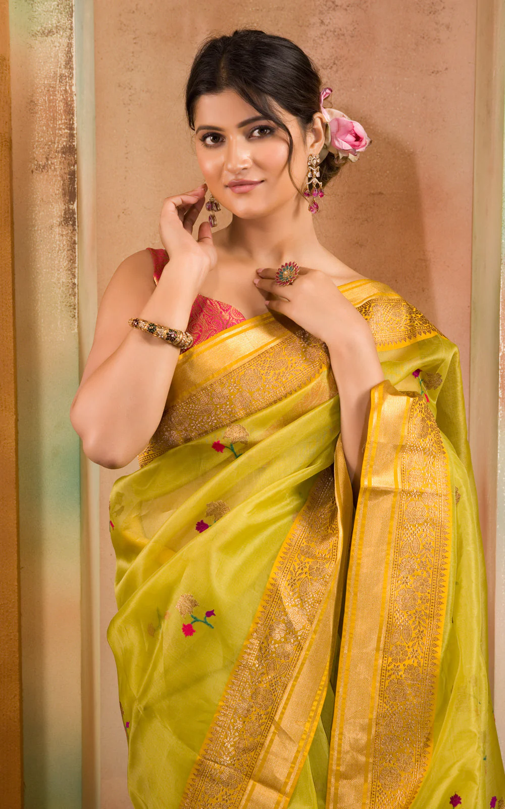 Light Green & Yellow Banarasi Kora Saree With Floral Motif - Image 7