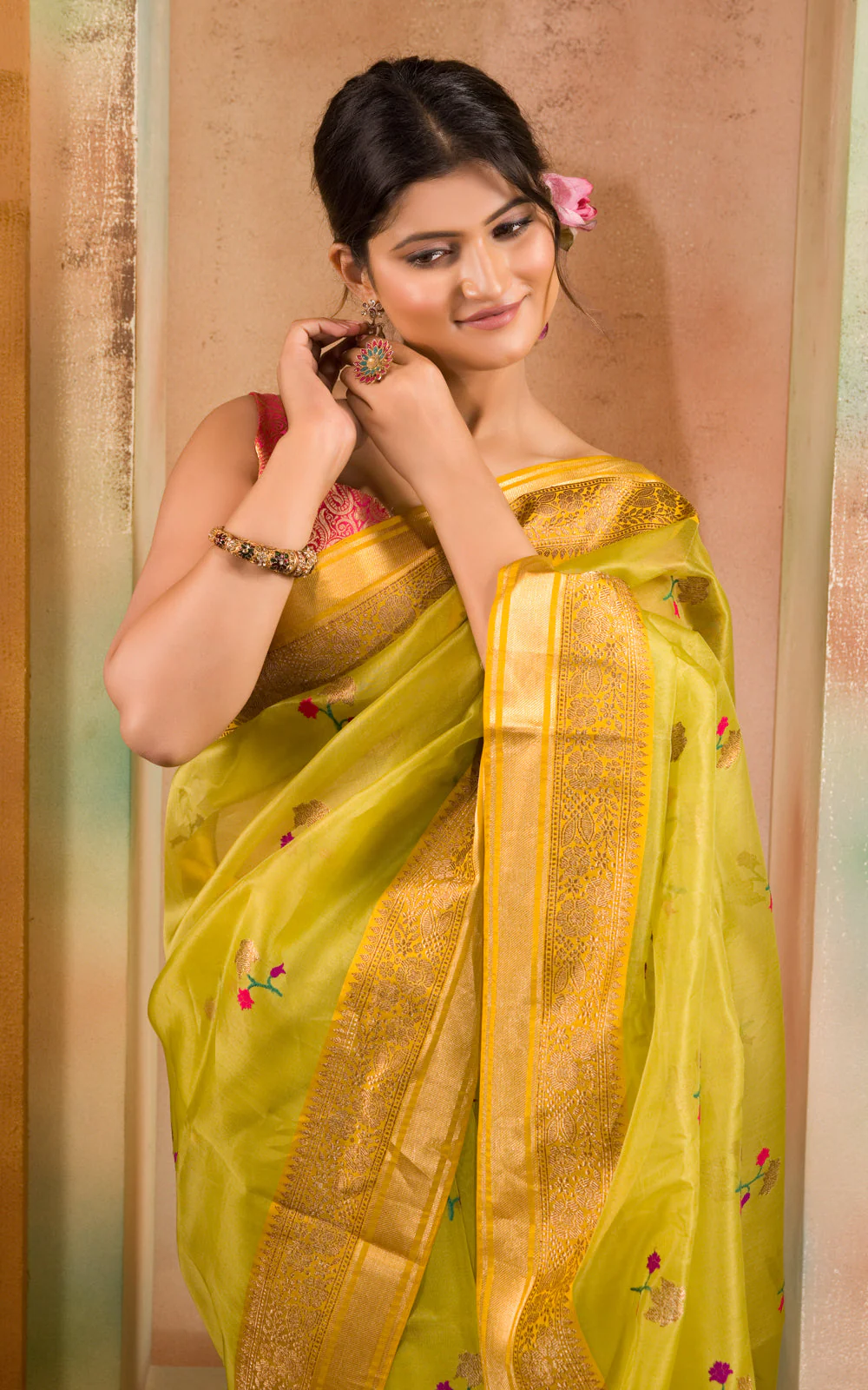 Light Green & Yellow Banarasi Kora Saree With Floral Motif - Image 8