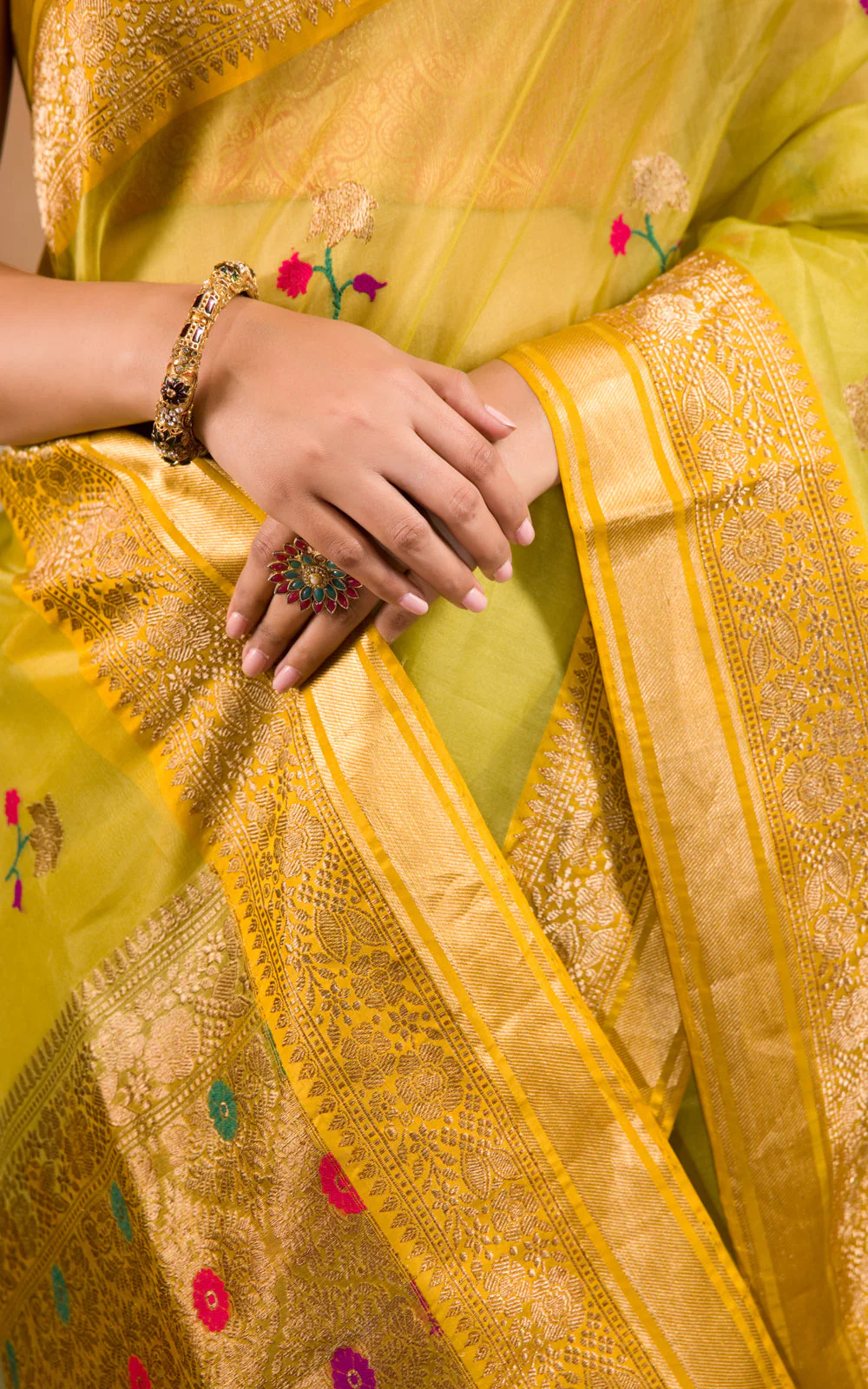 Light Green & Yellow Banarasi Kora Saree With Floral Motif - Image 9