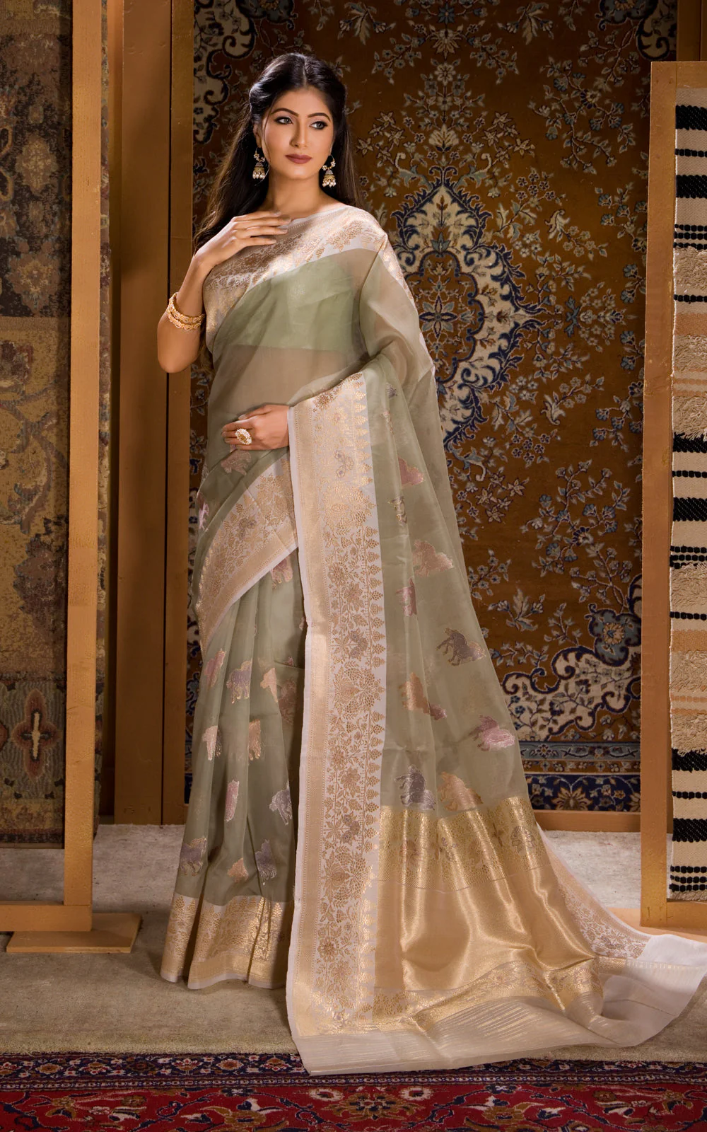 Pastel Green Banarasi Kora Saree With Zari Butta - Image 2