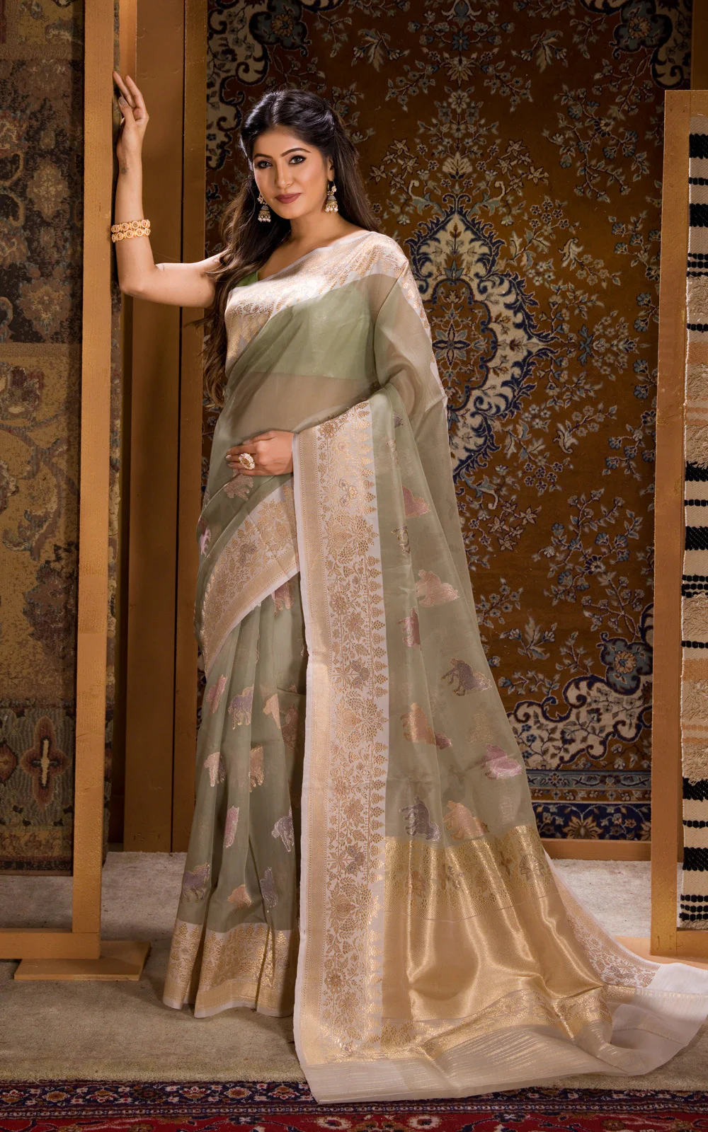 Pastel Green Banarasi Kora Saree With Zari Butta - Image 3