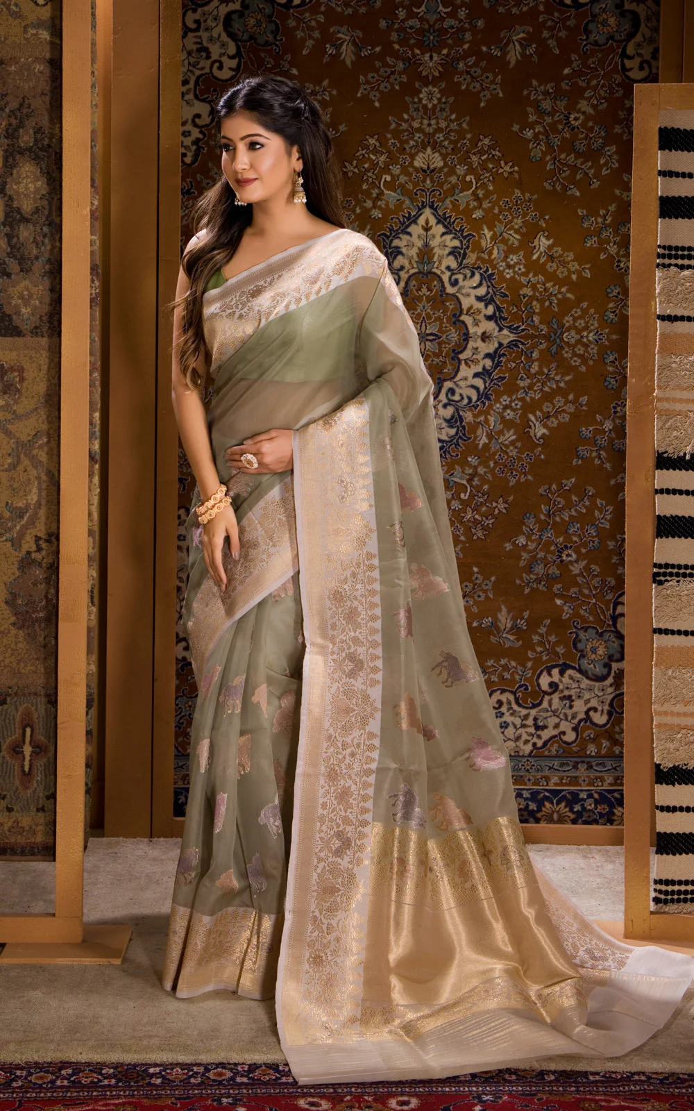 Pastel Green Banarasi Kora Saree With Zari Butta - Image 4