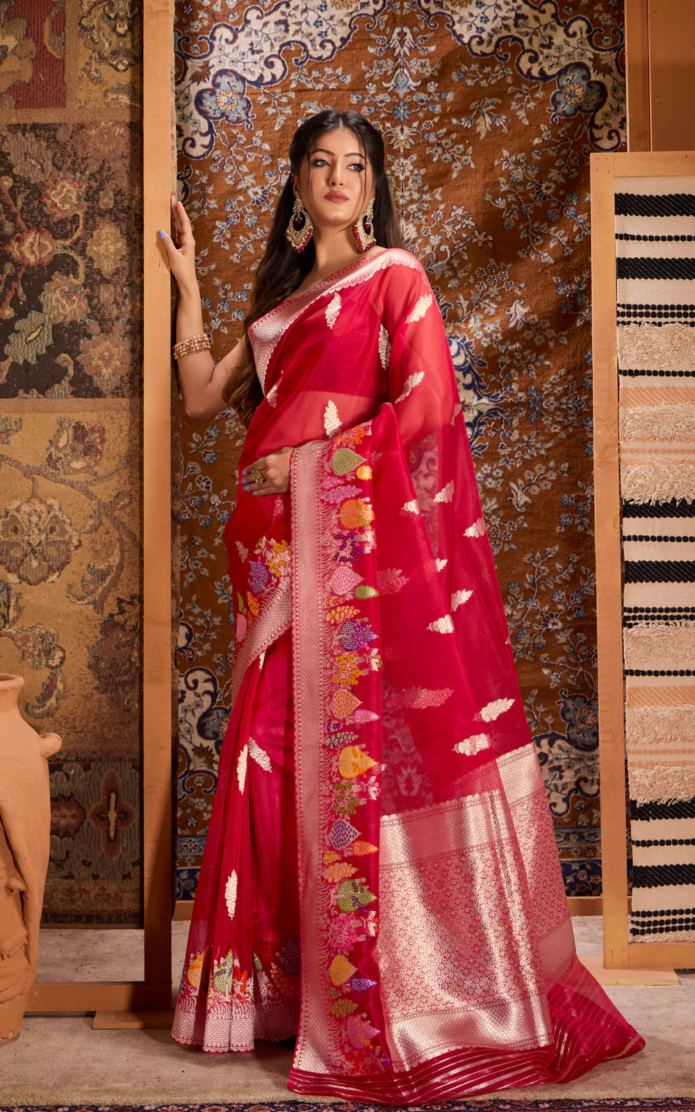 Red Banarasi Kora Saree With Rich Silver Butta - Image 3