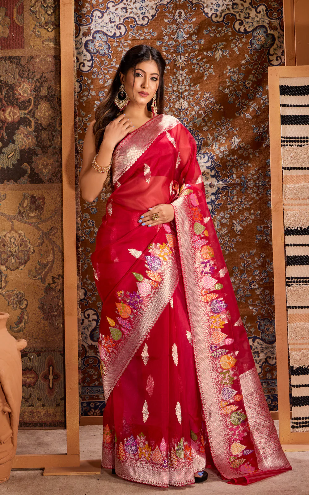 Red Banarasi Kora Saree With Rich Silver Butta - Image 4