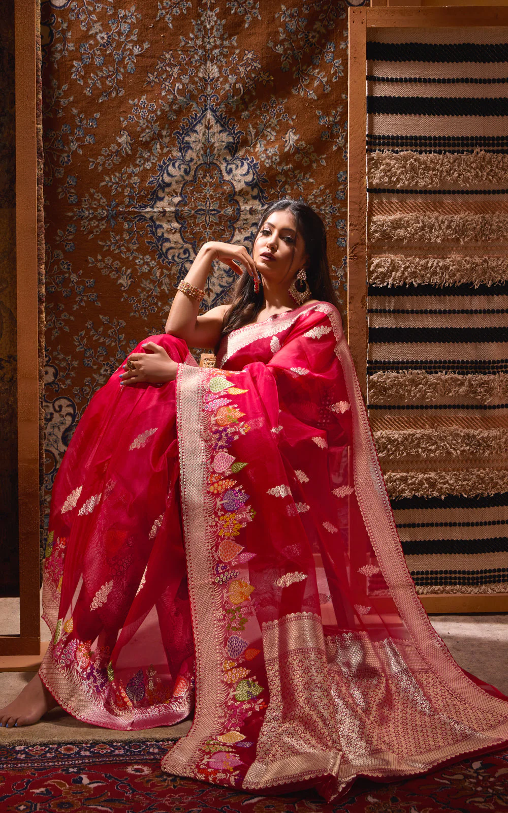 Red Banarasi Kora Saree With Rich Silver Butta - Image 6