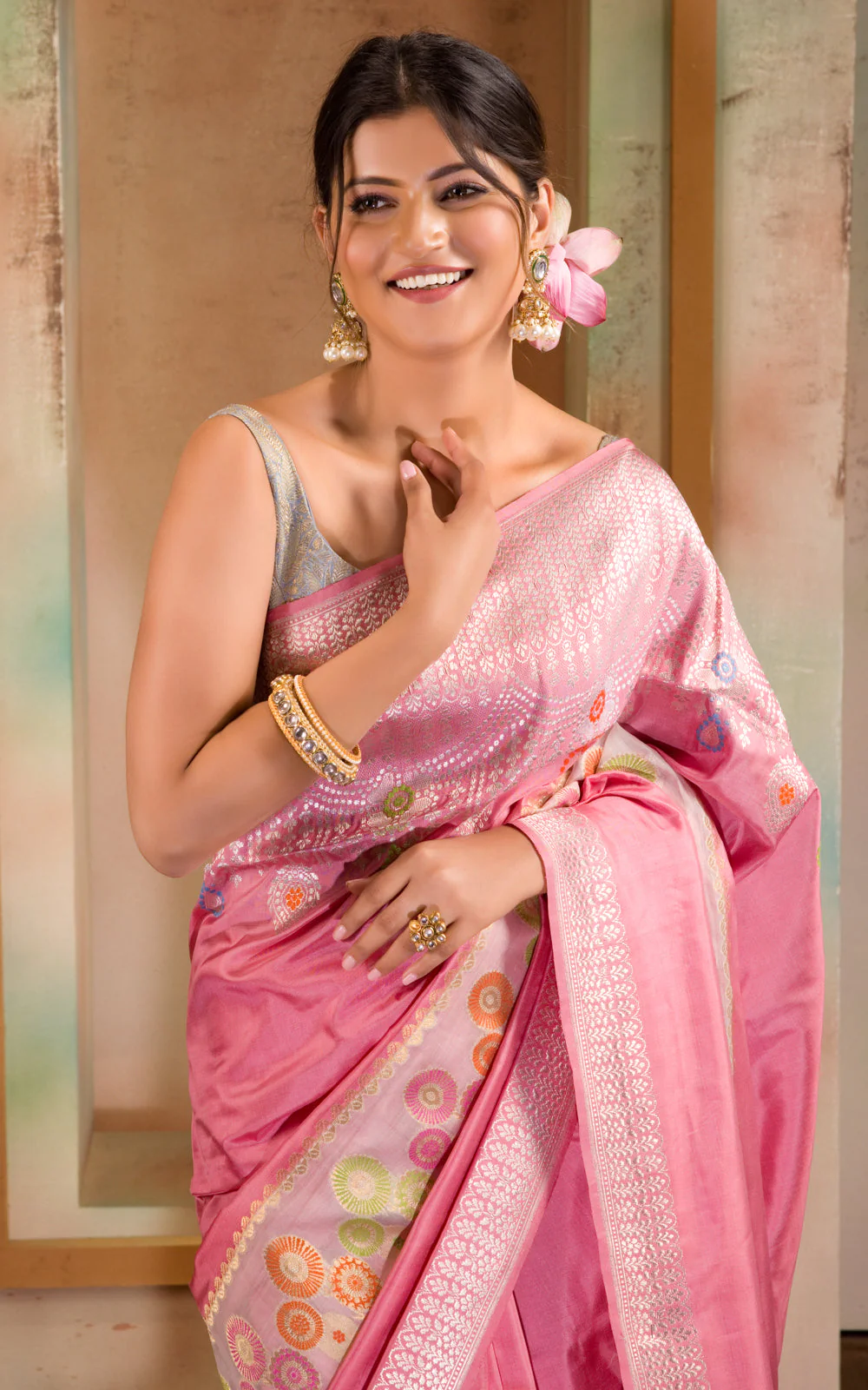 Baby Pink Banarasi Silk Saree With Floral Weaves - Image 10