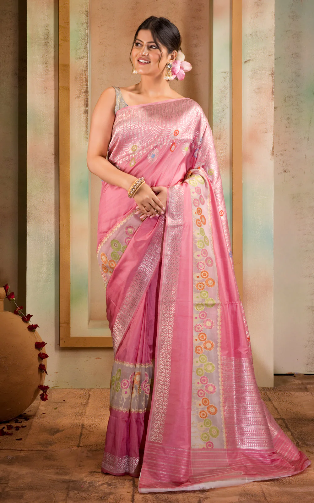 Baby Pink Banarasi Silk Saree With Floral Weaves - Image 3