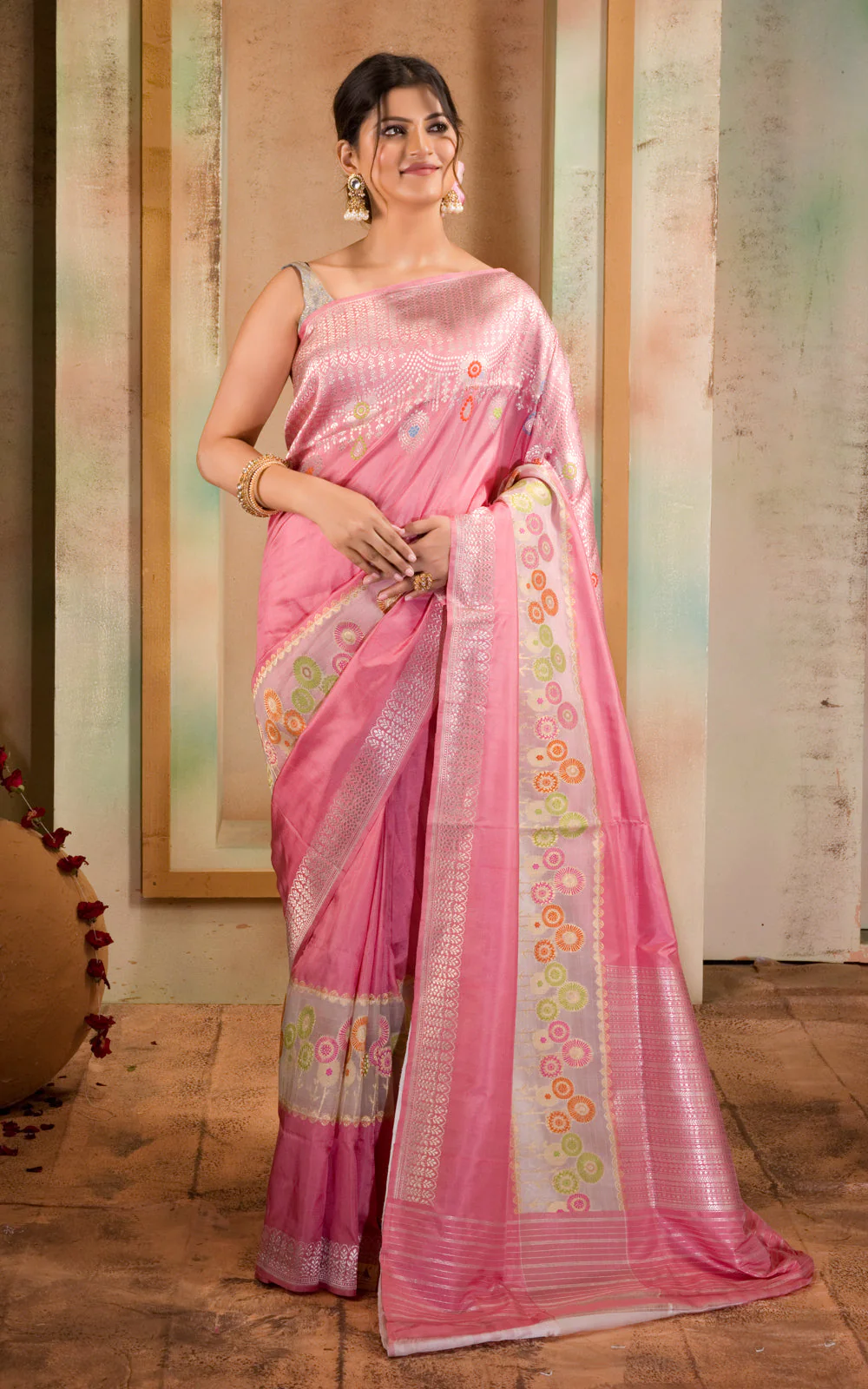 Baby Pink Banarasi Silk Saree With Floral Weaves - Image 5