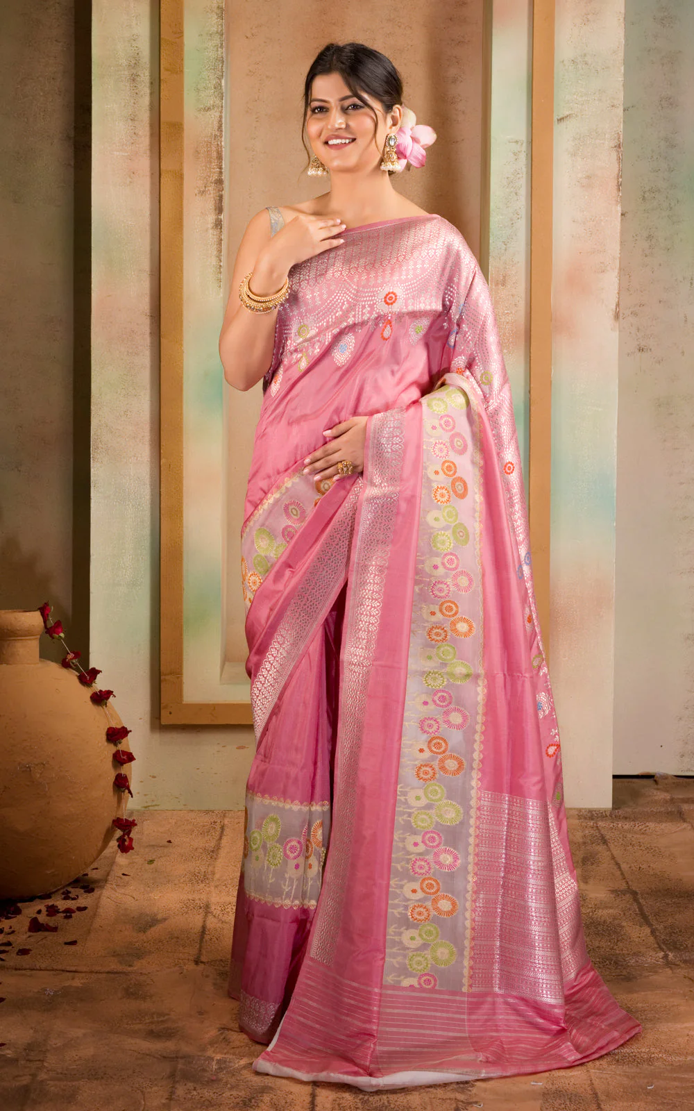 Baby Pink Banarasi Silk Saree With Floral Weaves - Image 6
