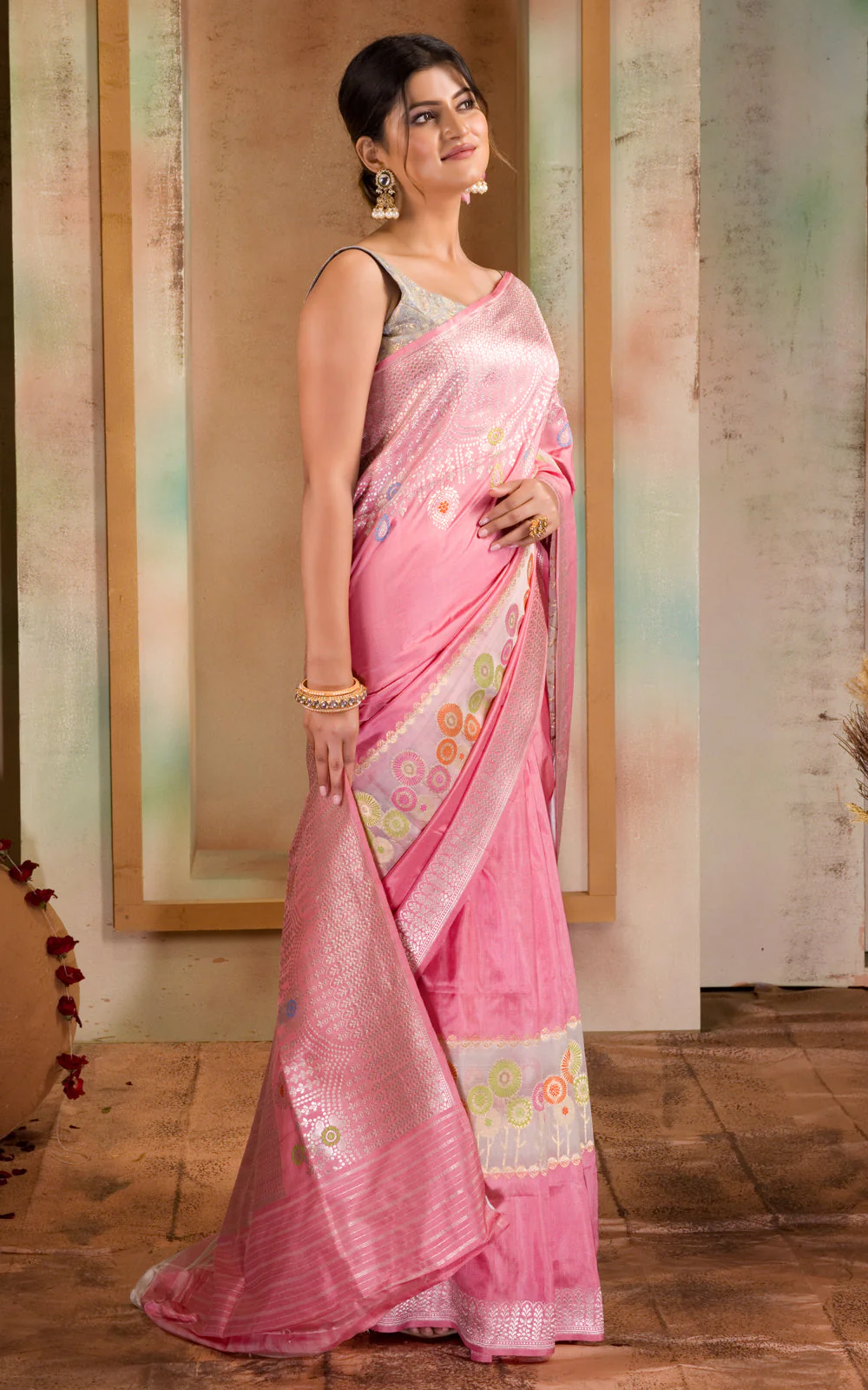 Baby Pink Banarasi Silk Saree With Floral Weaves - Image 8
