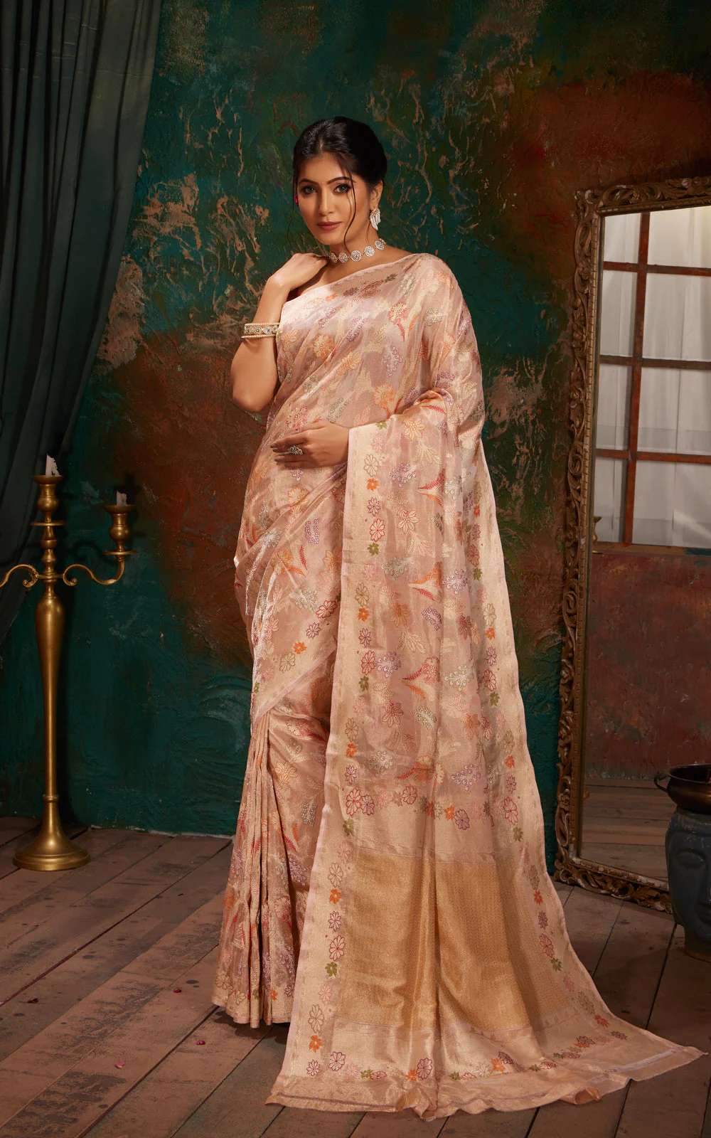 Mild Peach Banarasi Tissue Silk With Jamdani Weaves - Image 3