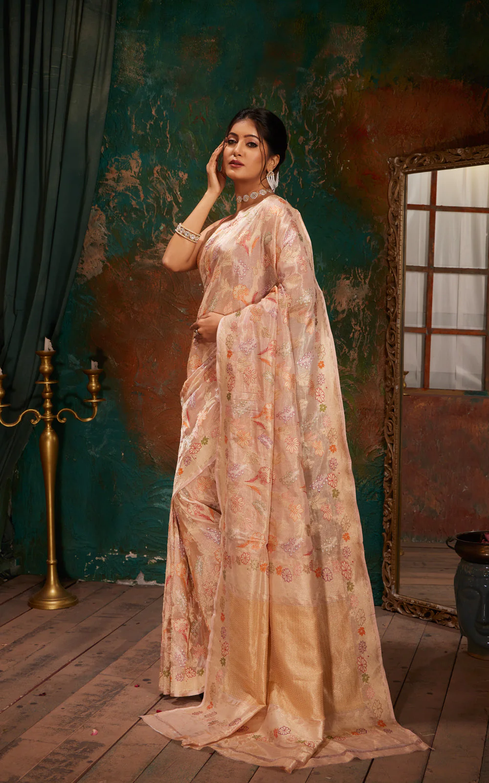 Mild Peach Banarasi Tissue Silk With Jamdani Weaves - Image 4