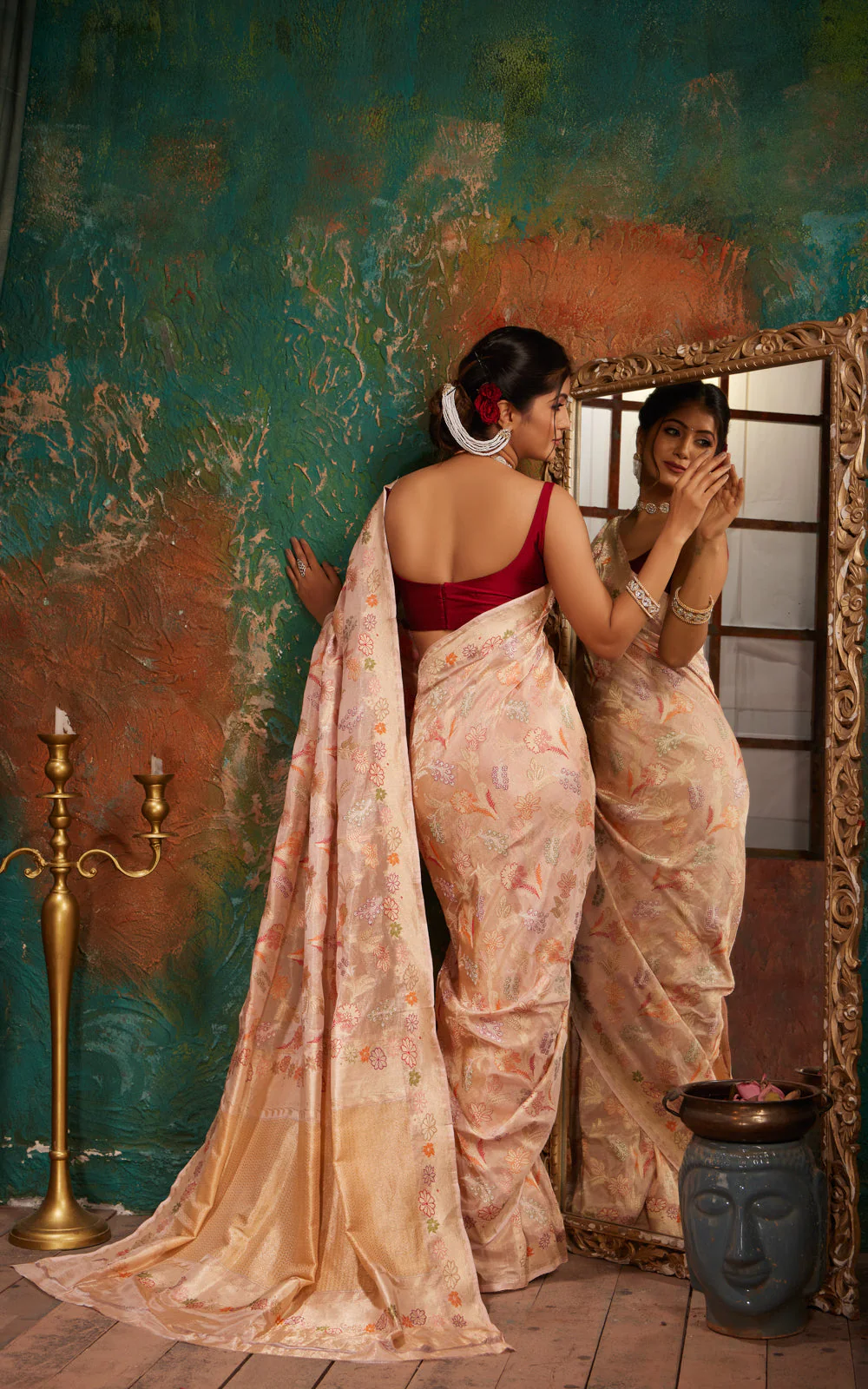 Mild Peach Banarasi Tissue Silk With Jamdani Weaves - Image 5