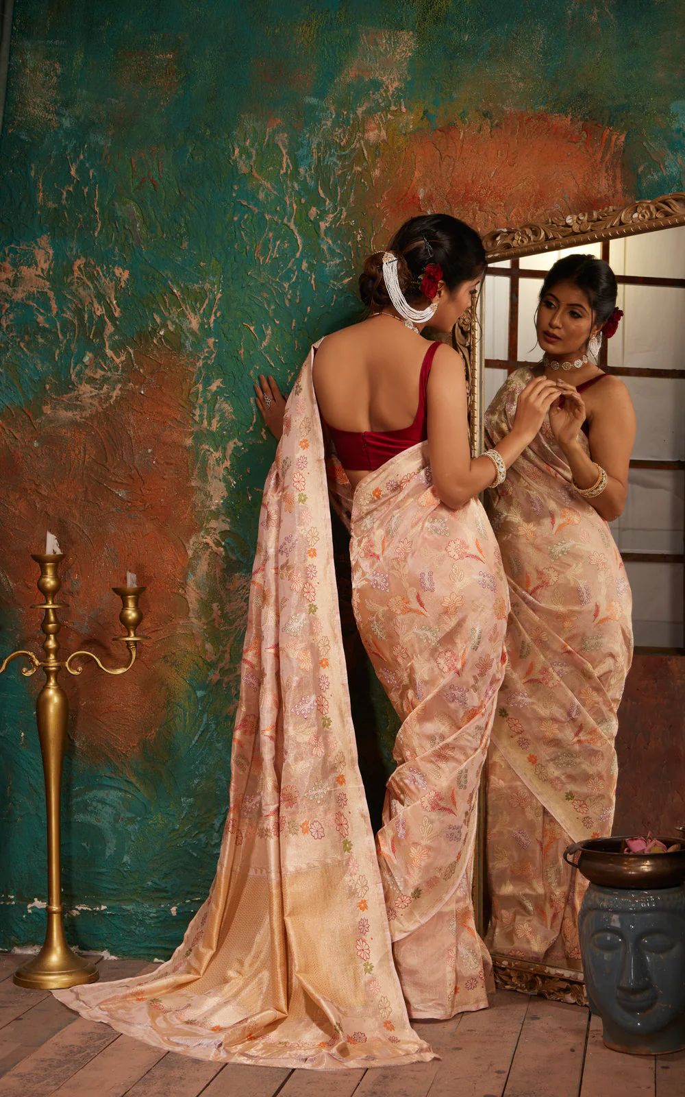 Mild Peach Banarasi Tissue Silk With Jamdani Weaves - Image 6