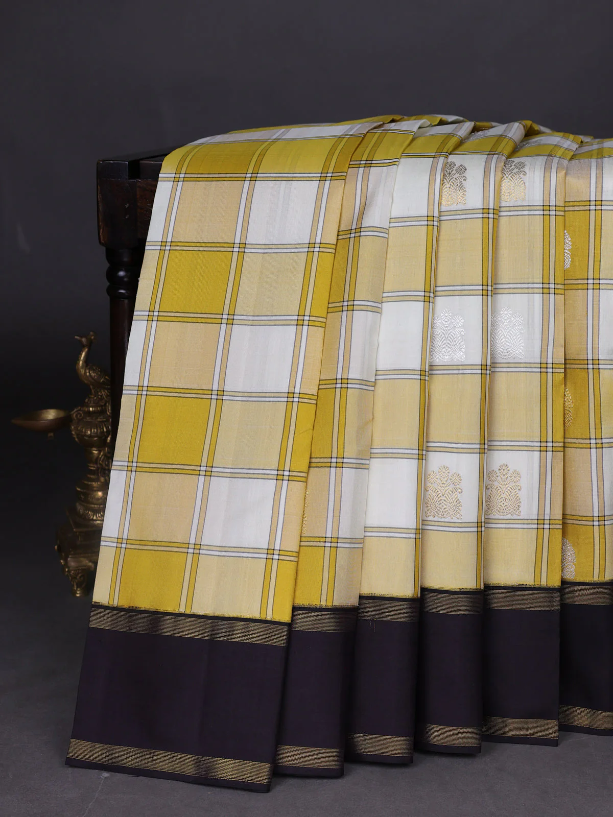 Beige And Mustard - Black Pure Kanchipuram Silk Saree