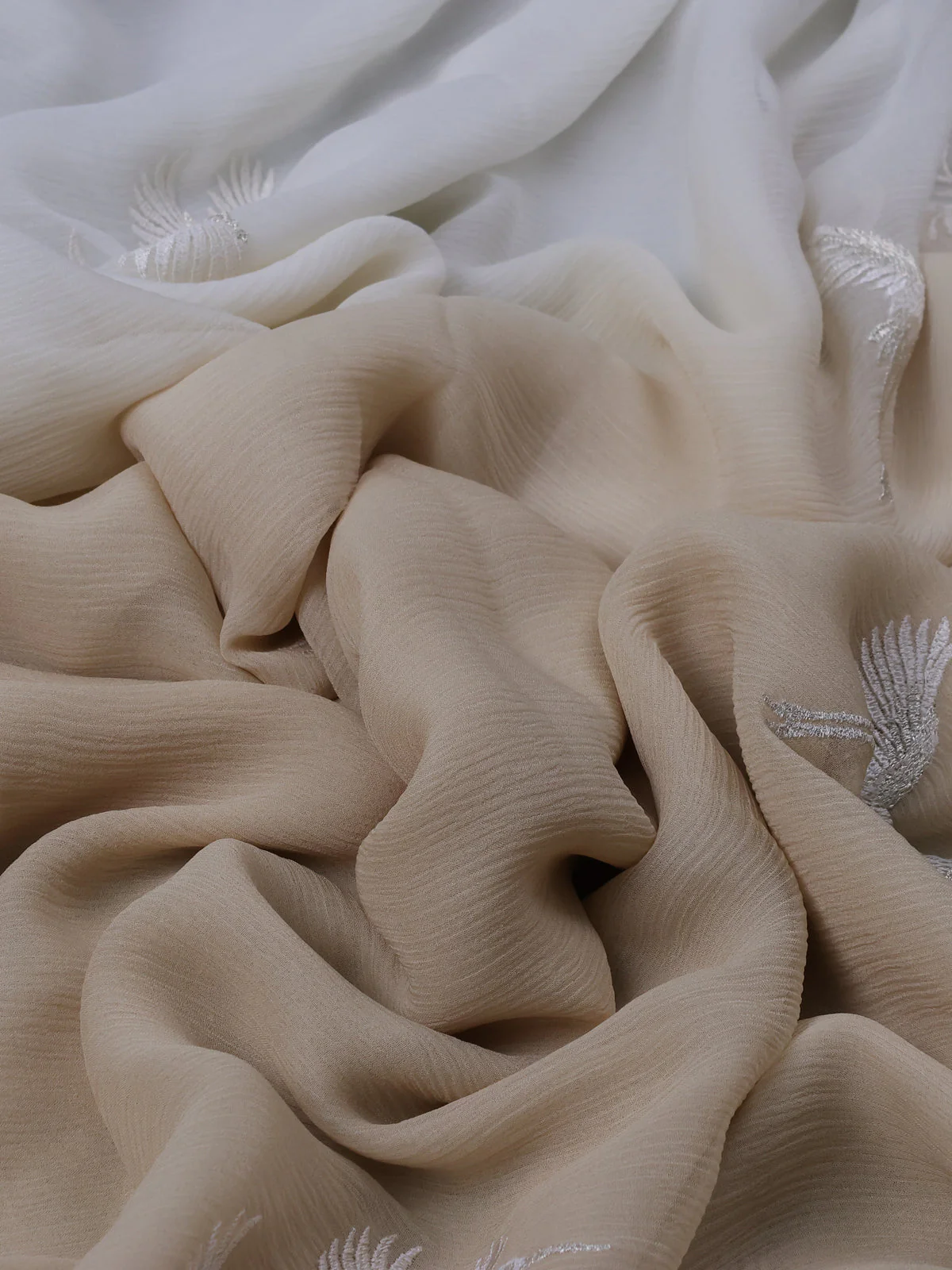 Beige And Off White Chiffon Saree Parsi Embroidery - Image 3