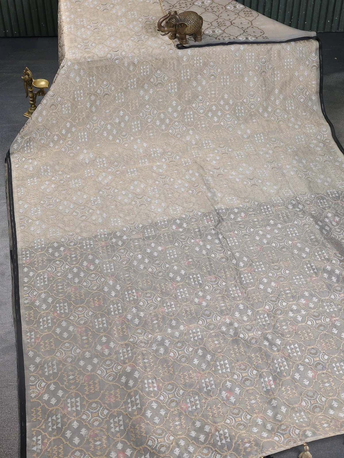 Beige -Black Tissue Organza Silk Saree With Embroidery - Image 2