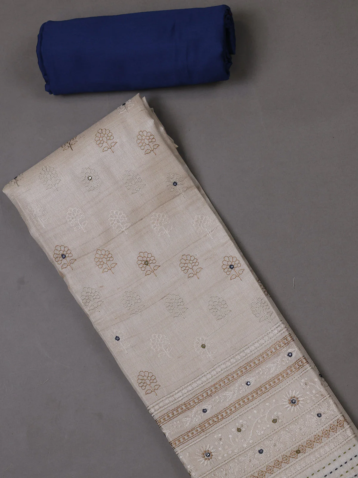 Beige- Blue Tussar Silk Unstitched Suit - Image 2