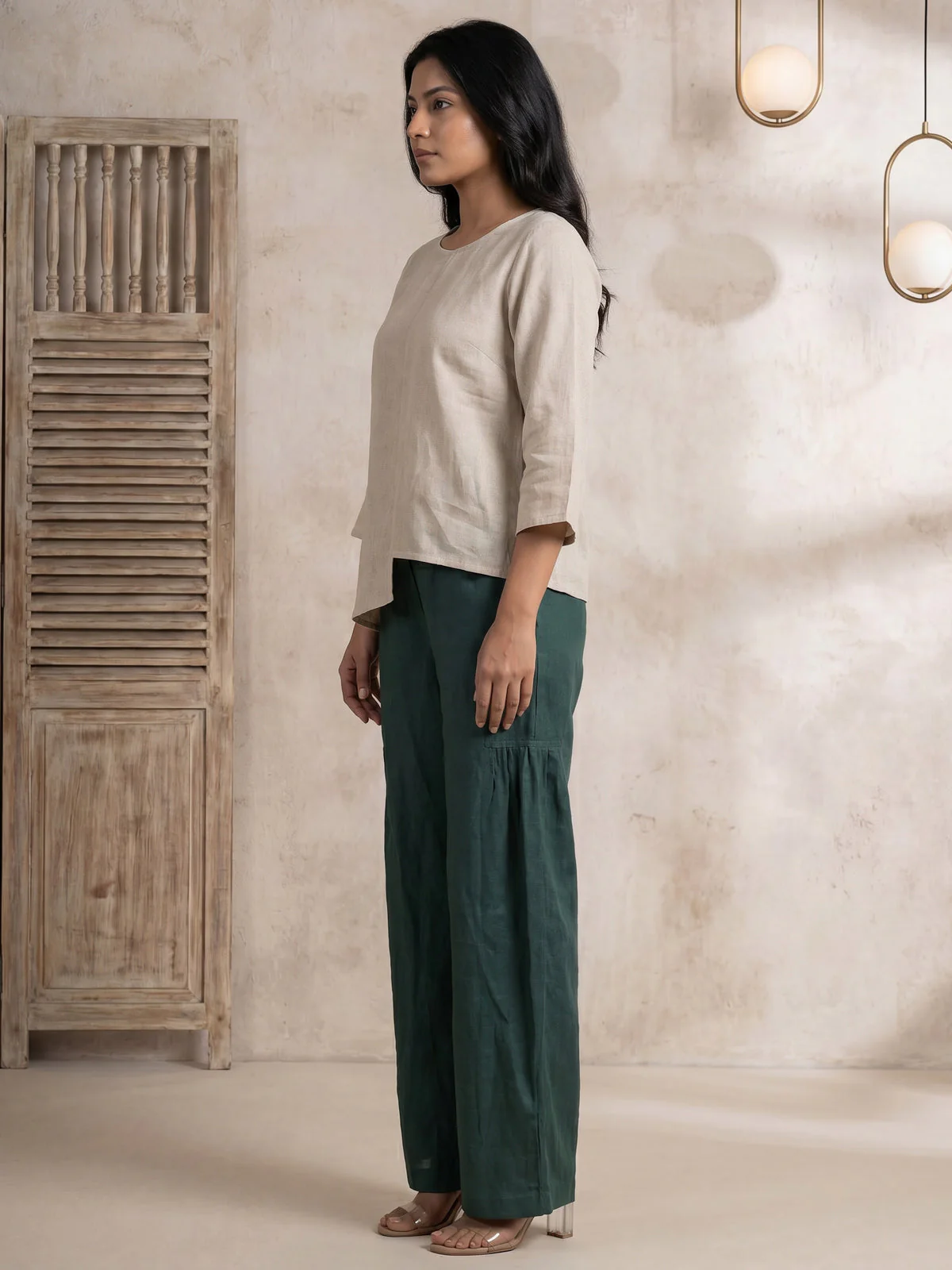 Beige-Bottle Green Linen Cotton Co-Ord Set - Image 2